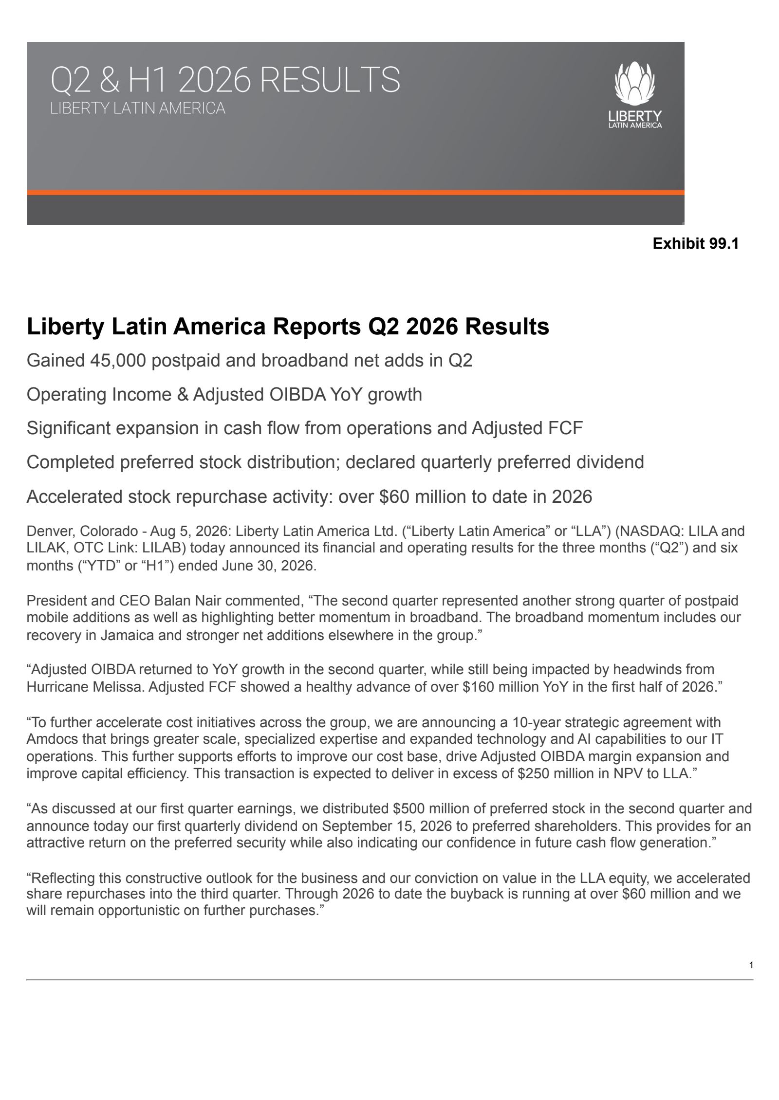 Liberty Latin America's Q2 2026 Press Release