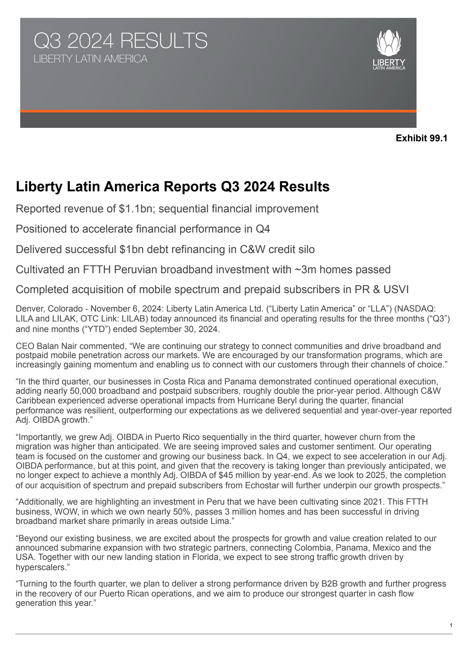 Liberty Latin America's Q3 2024 Press Release