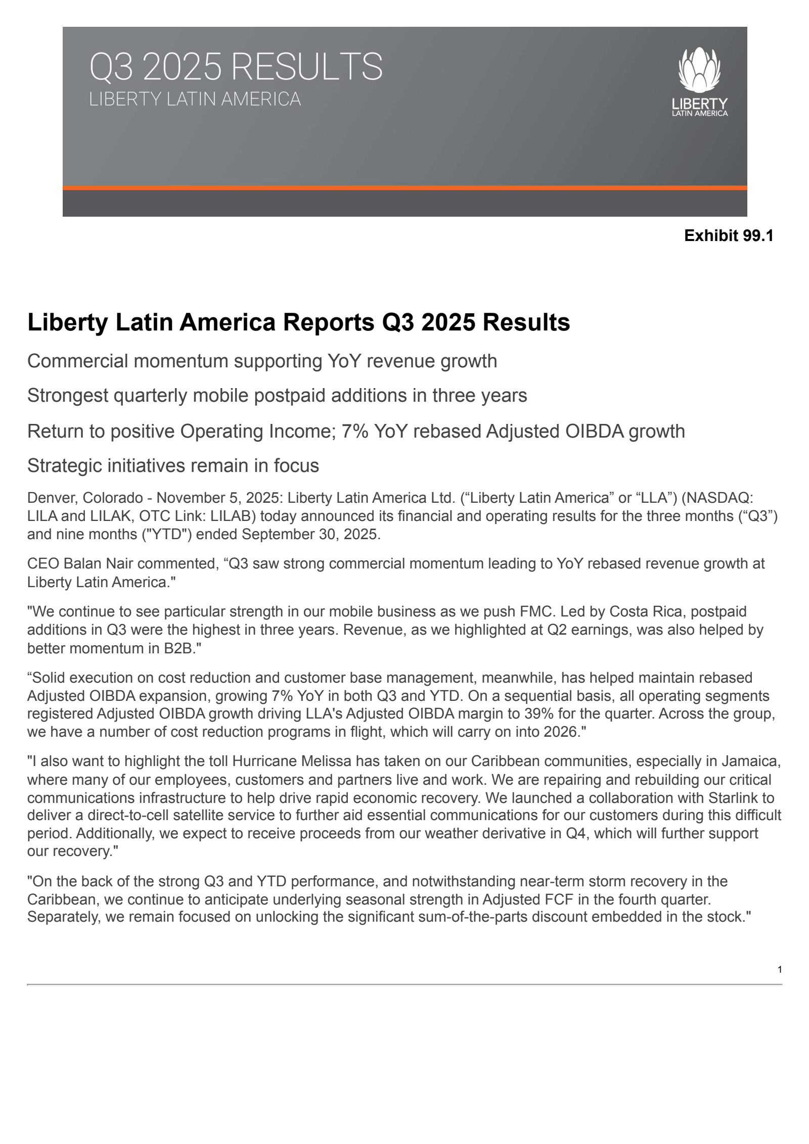 Liberty Latin America's Q3 2025 Earnings Release