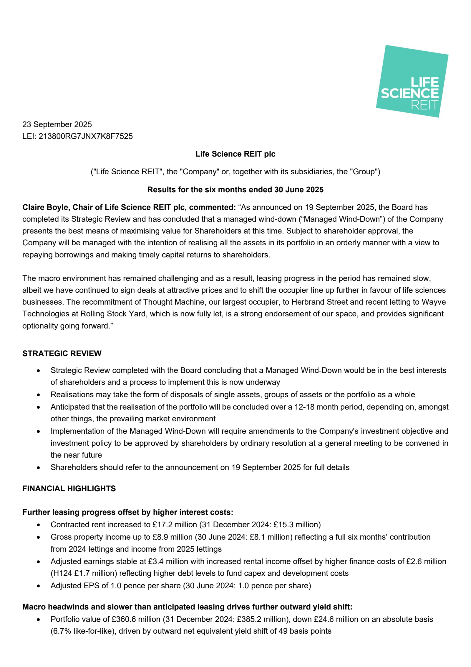 Life Science REIT's H1 2025 Interim Report