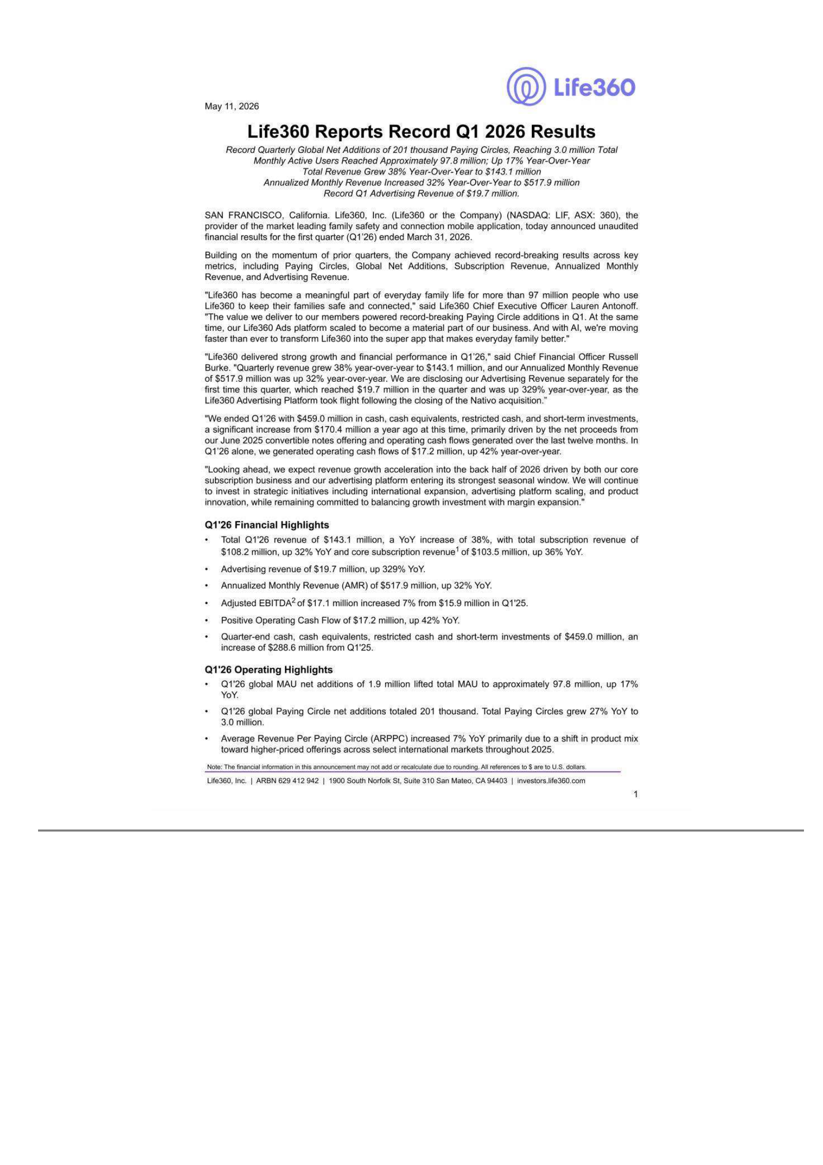 Life360's Q1 2026 Press Release