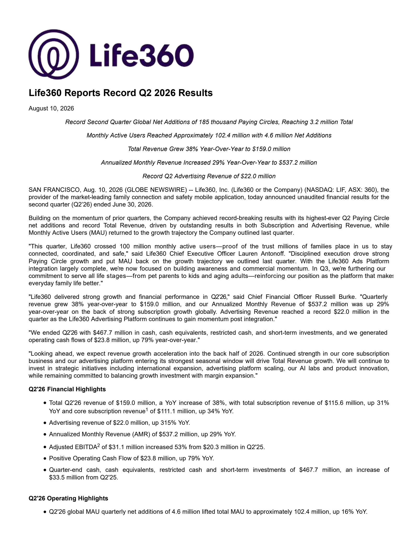 Life360's Q2 2026 Press Release