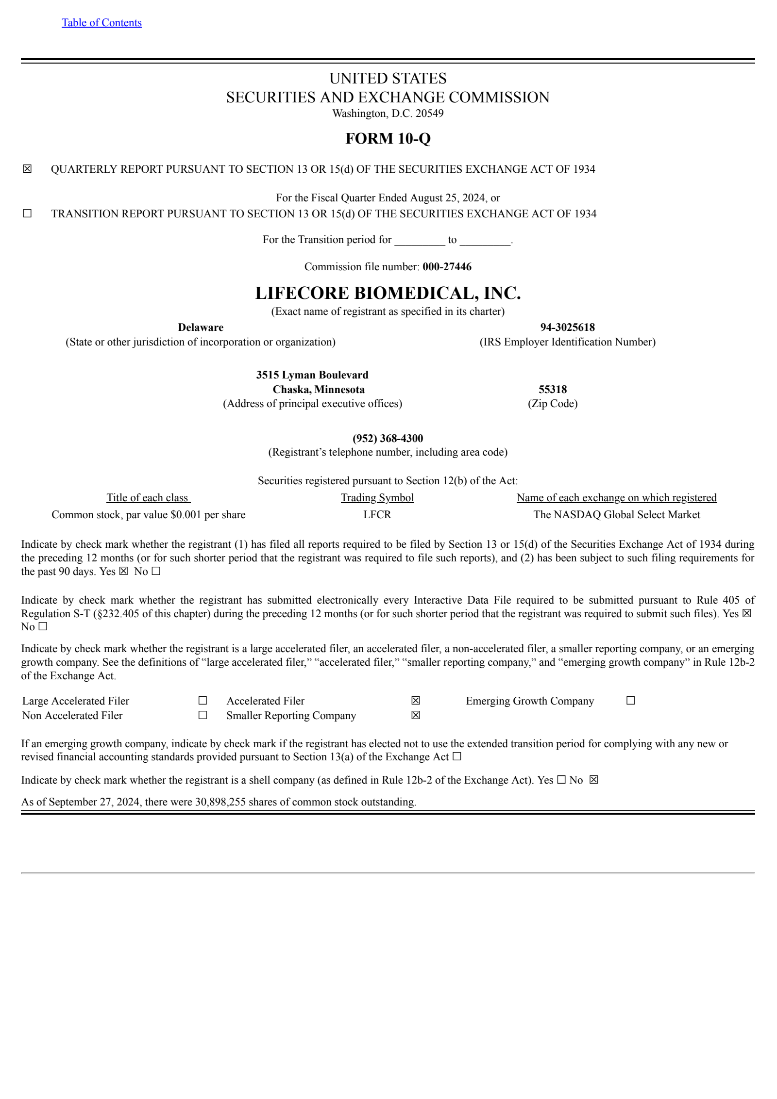 Lifecore Biomedical's Q1 2025 Quarterly Report