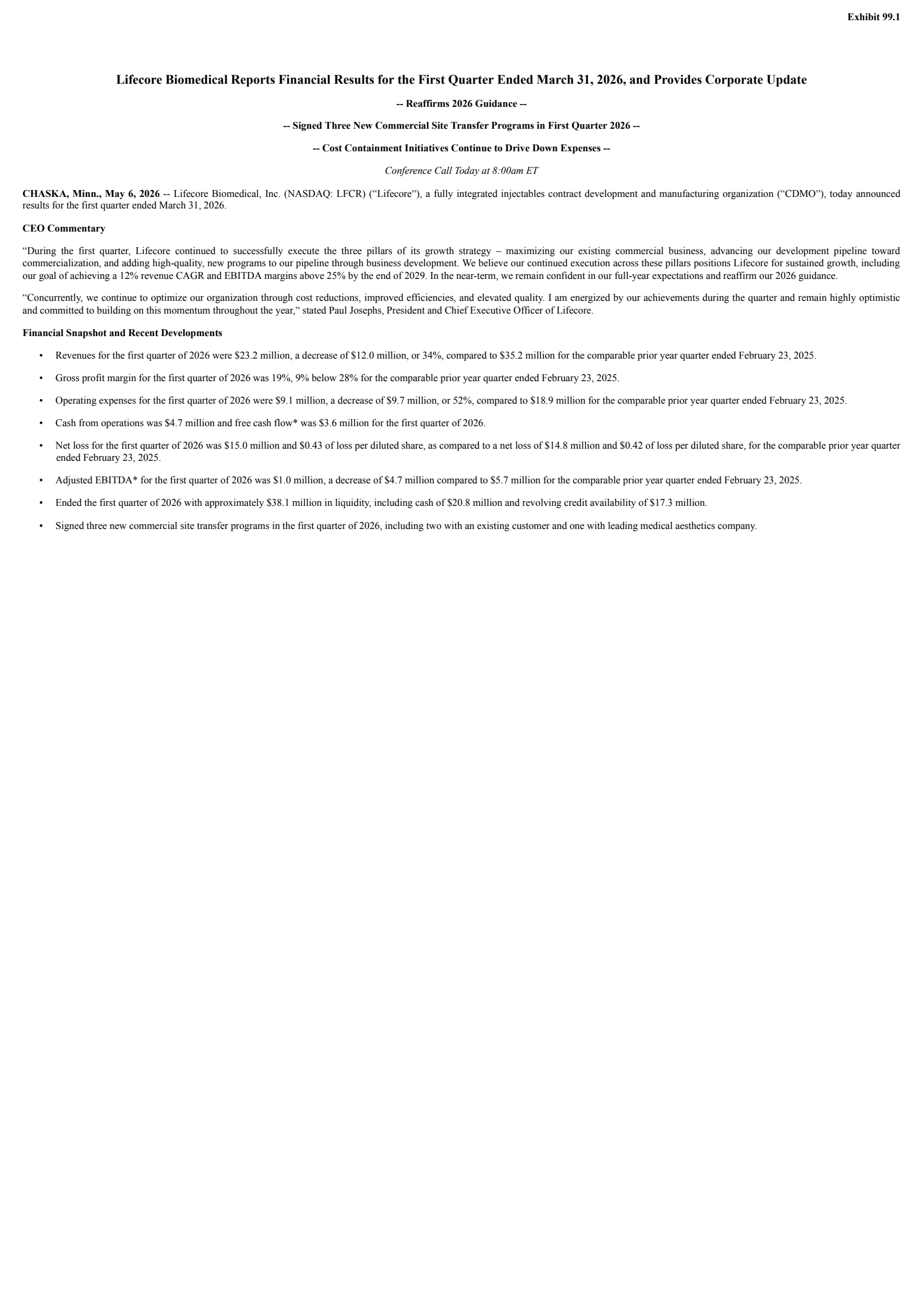 Lifecore Biomedical's Q1 2026 Press Release