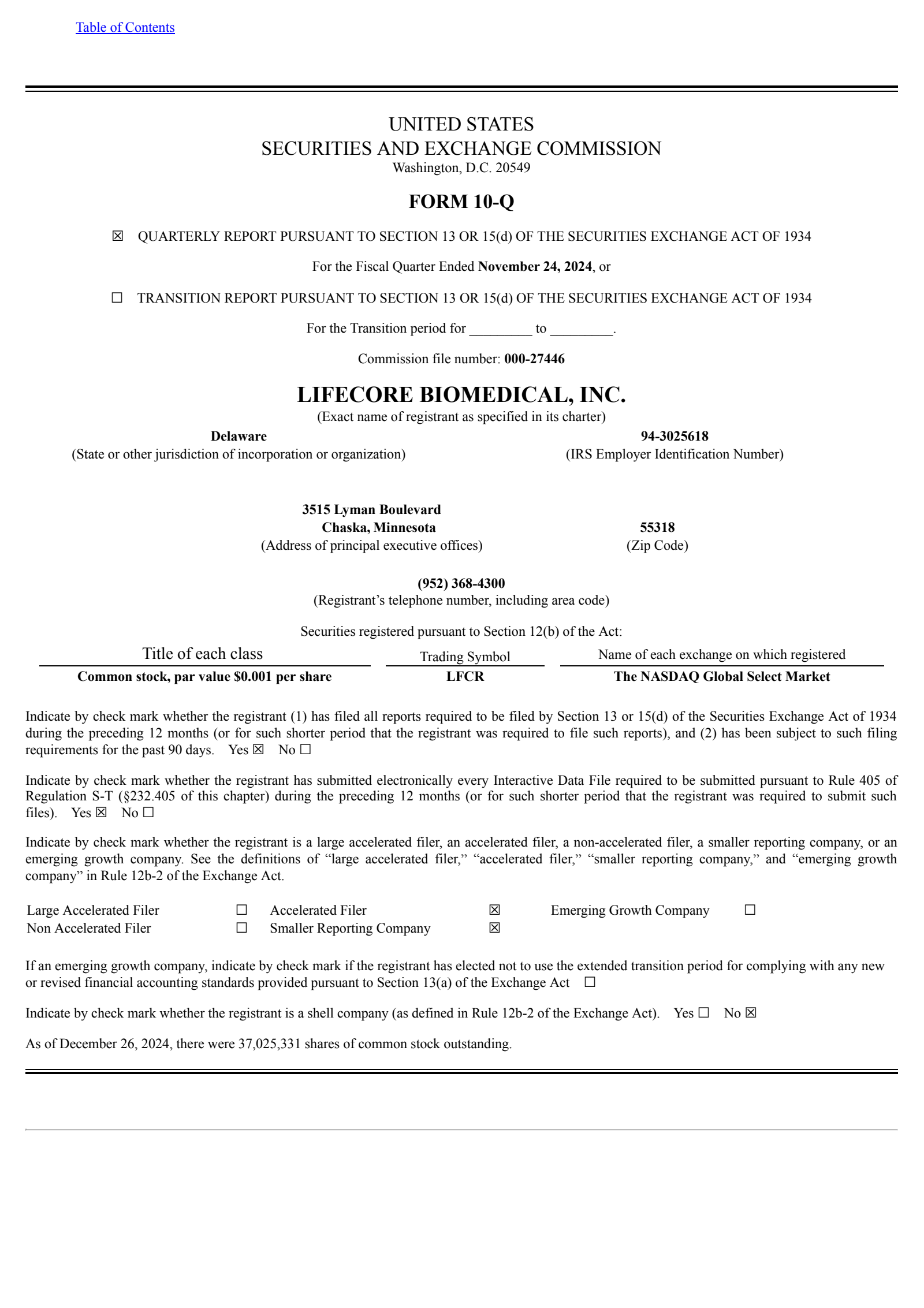 Lifecore Biomedical's Q2 2025 Quarterly Report