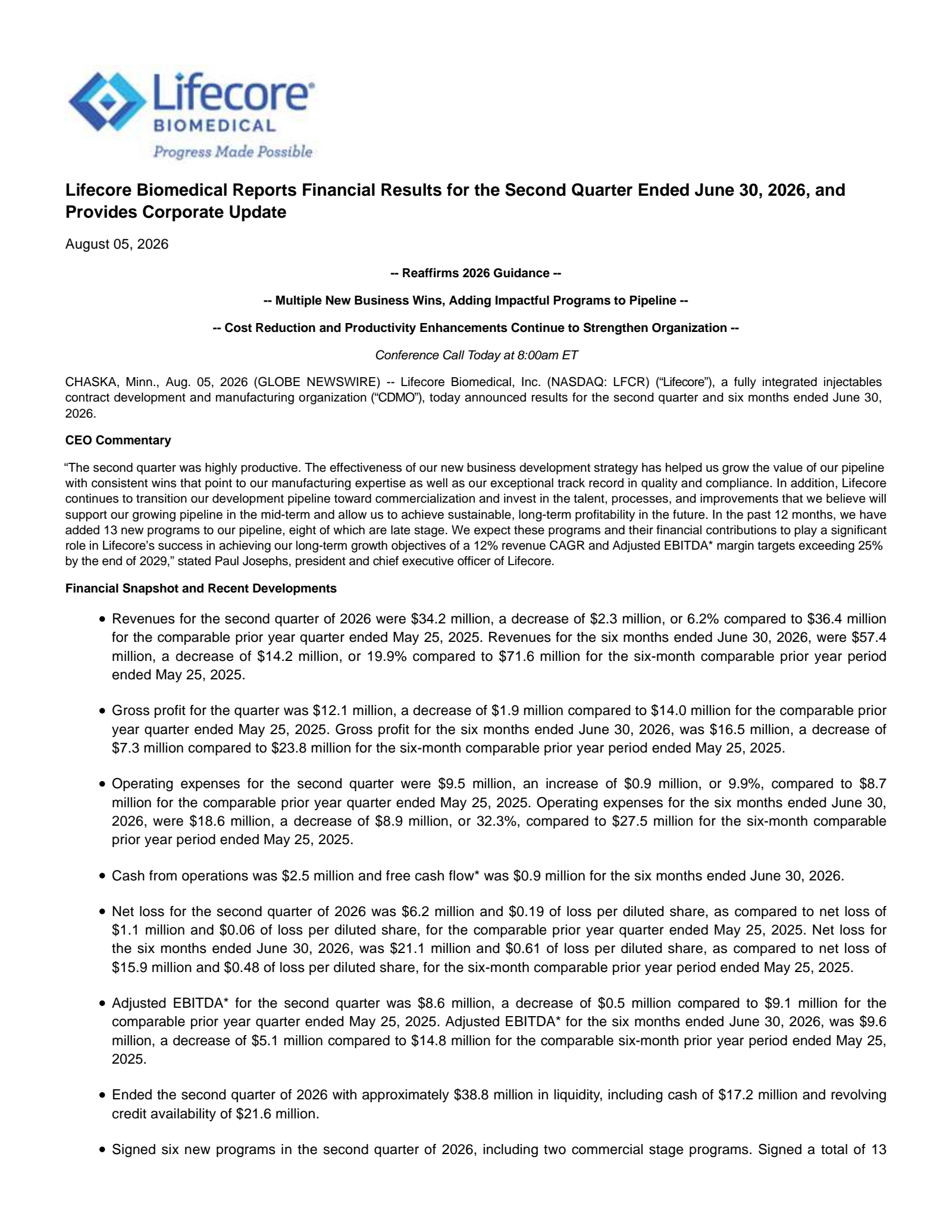 Lifecore Biomedical's Q2 2026 Press Release