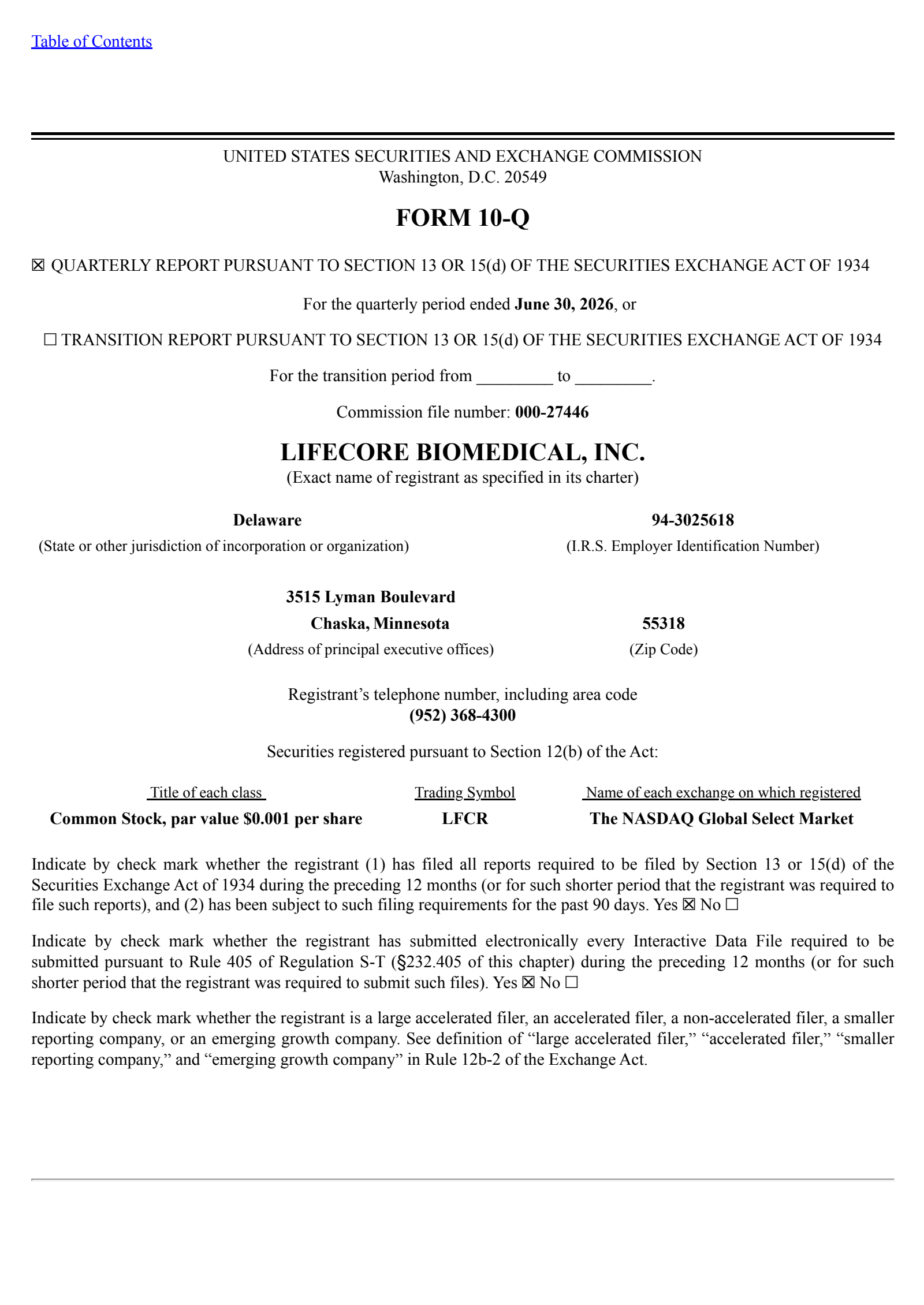 Lifecore Biomedical's Q2 2026 Quarterly report