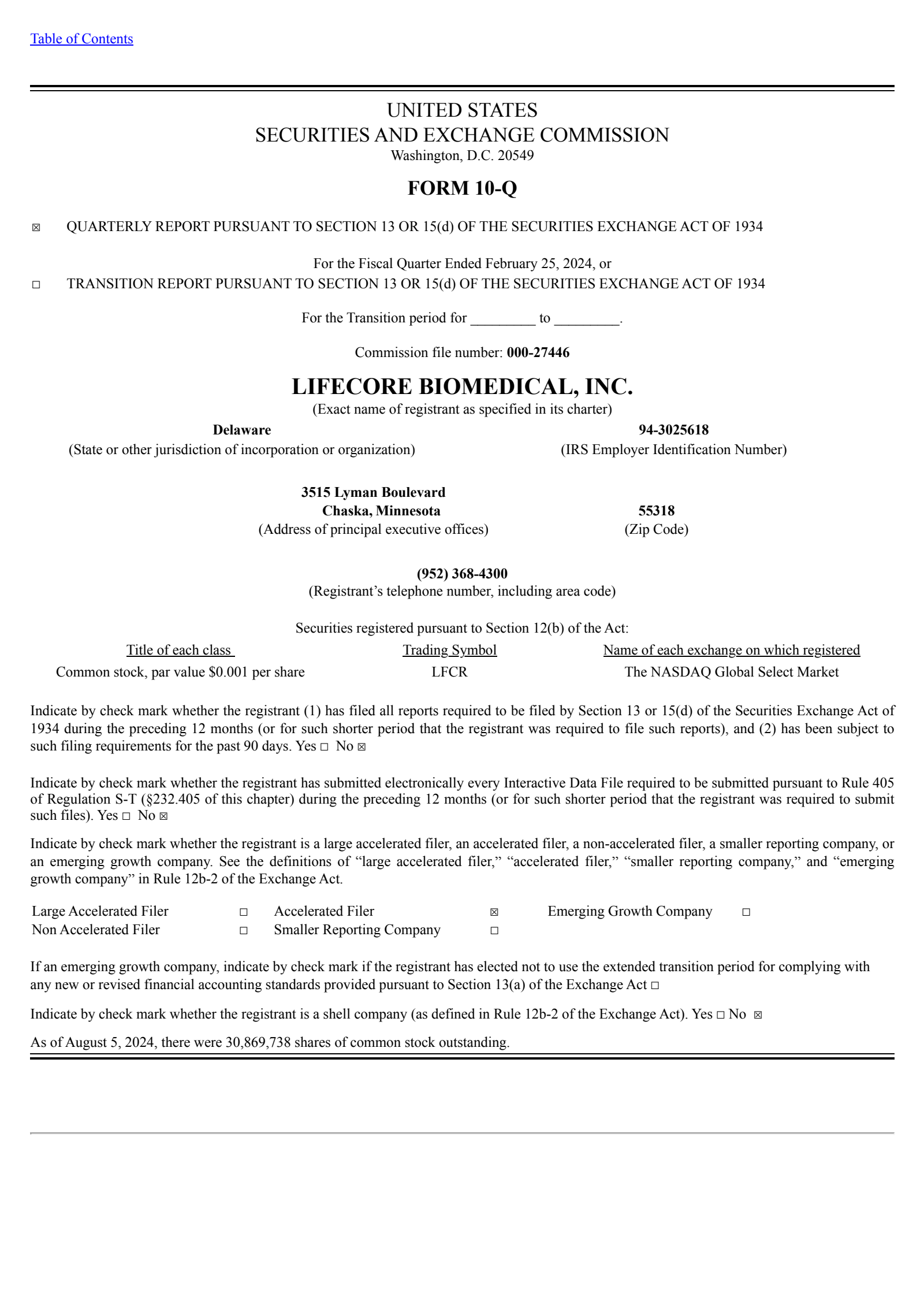 Lifecore Biomedical's Q3 2024 Quarterly report