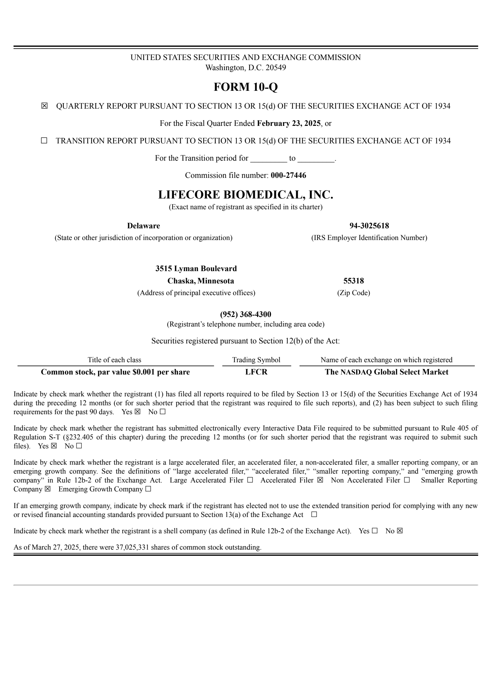 Lifecore Biomedical's Q3 2025 Quarterly Report
