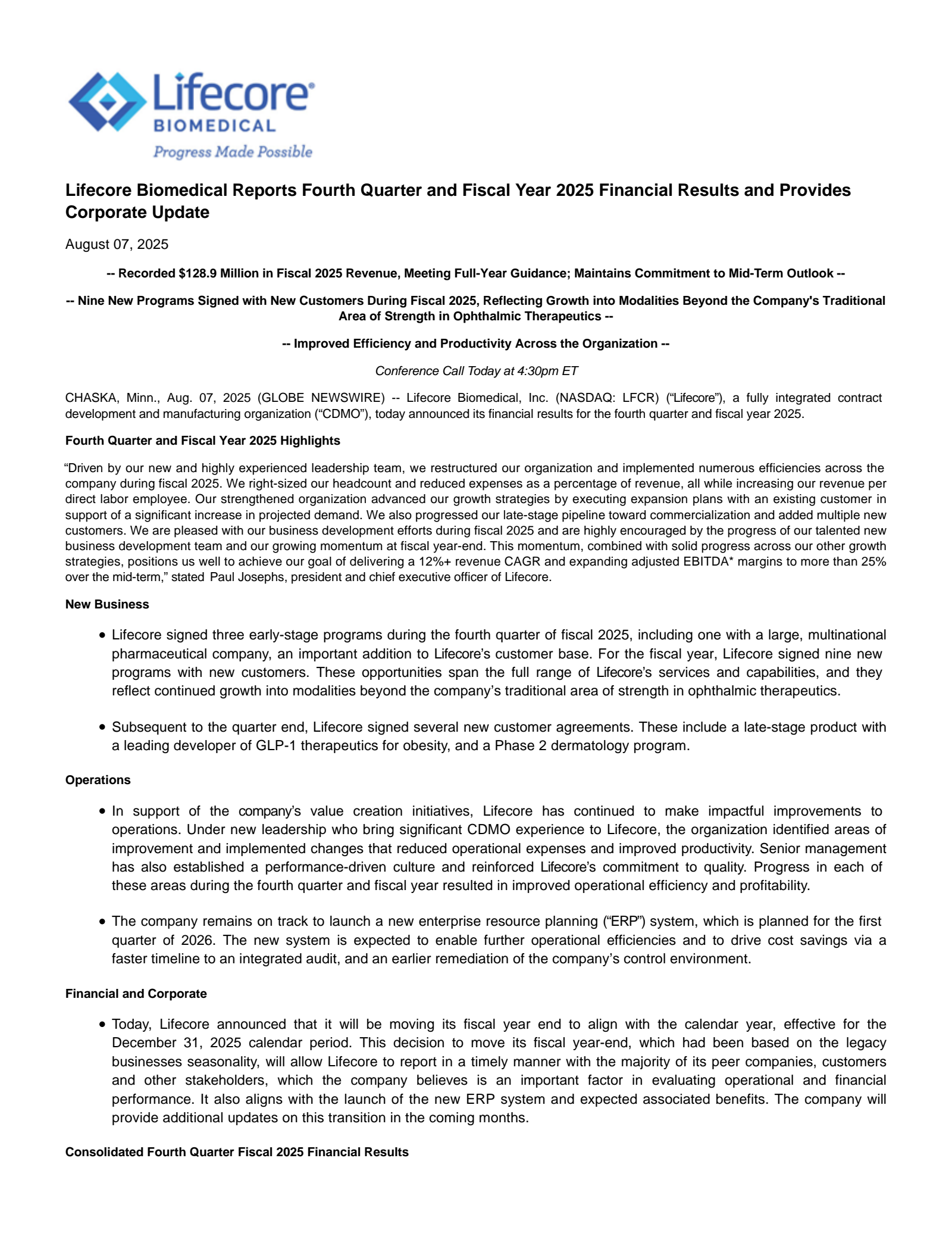 Lifecore Biomedical's Q4 2025 Press Release