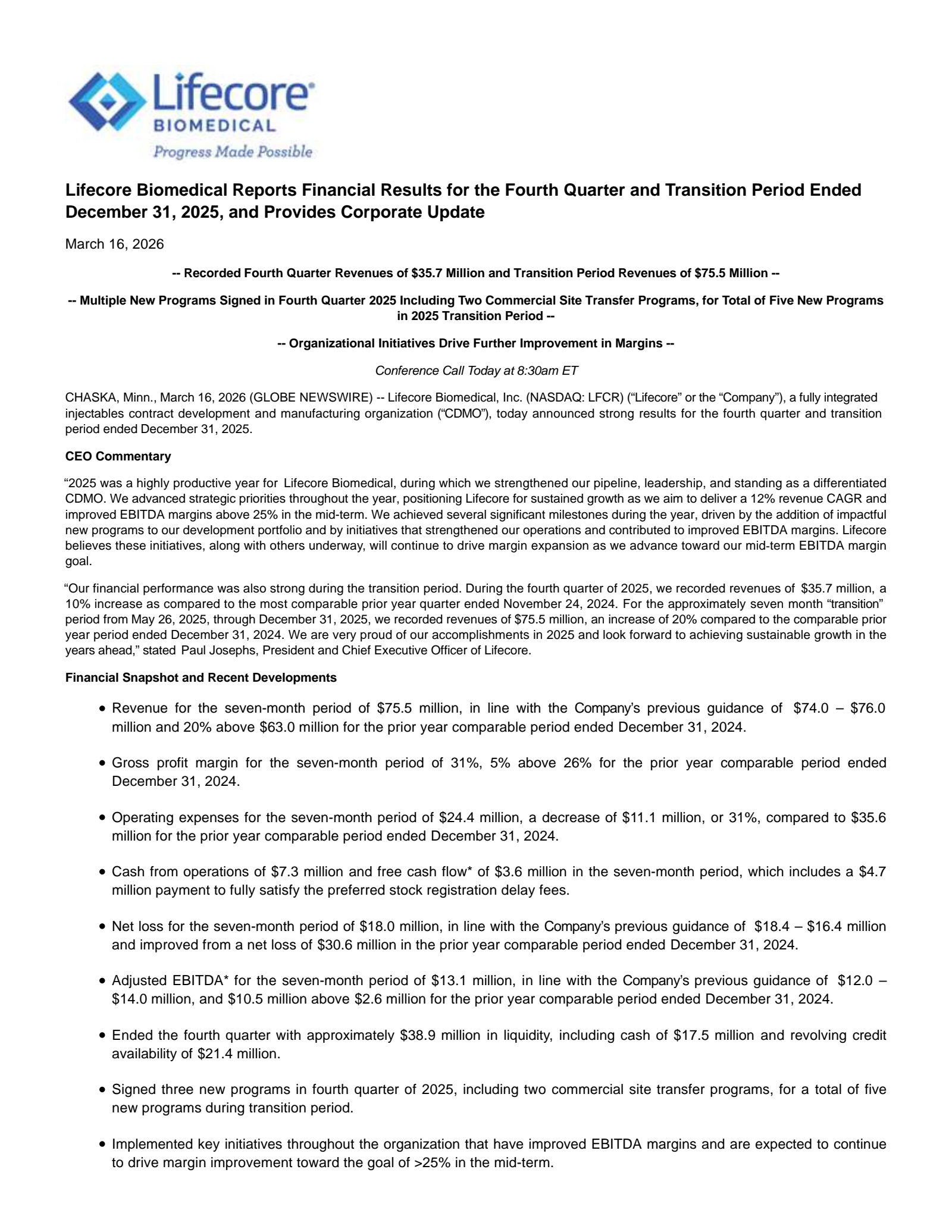 Lifecore Biomedical's Transition period Press Release
