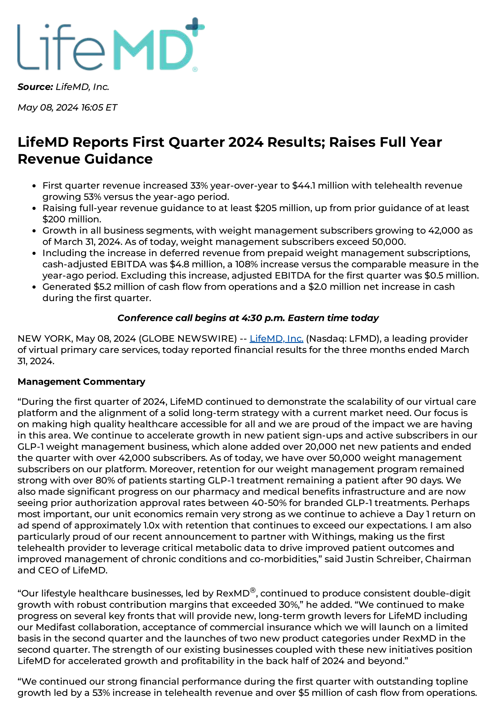 LifeMD's Q1 2024 Press Release