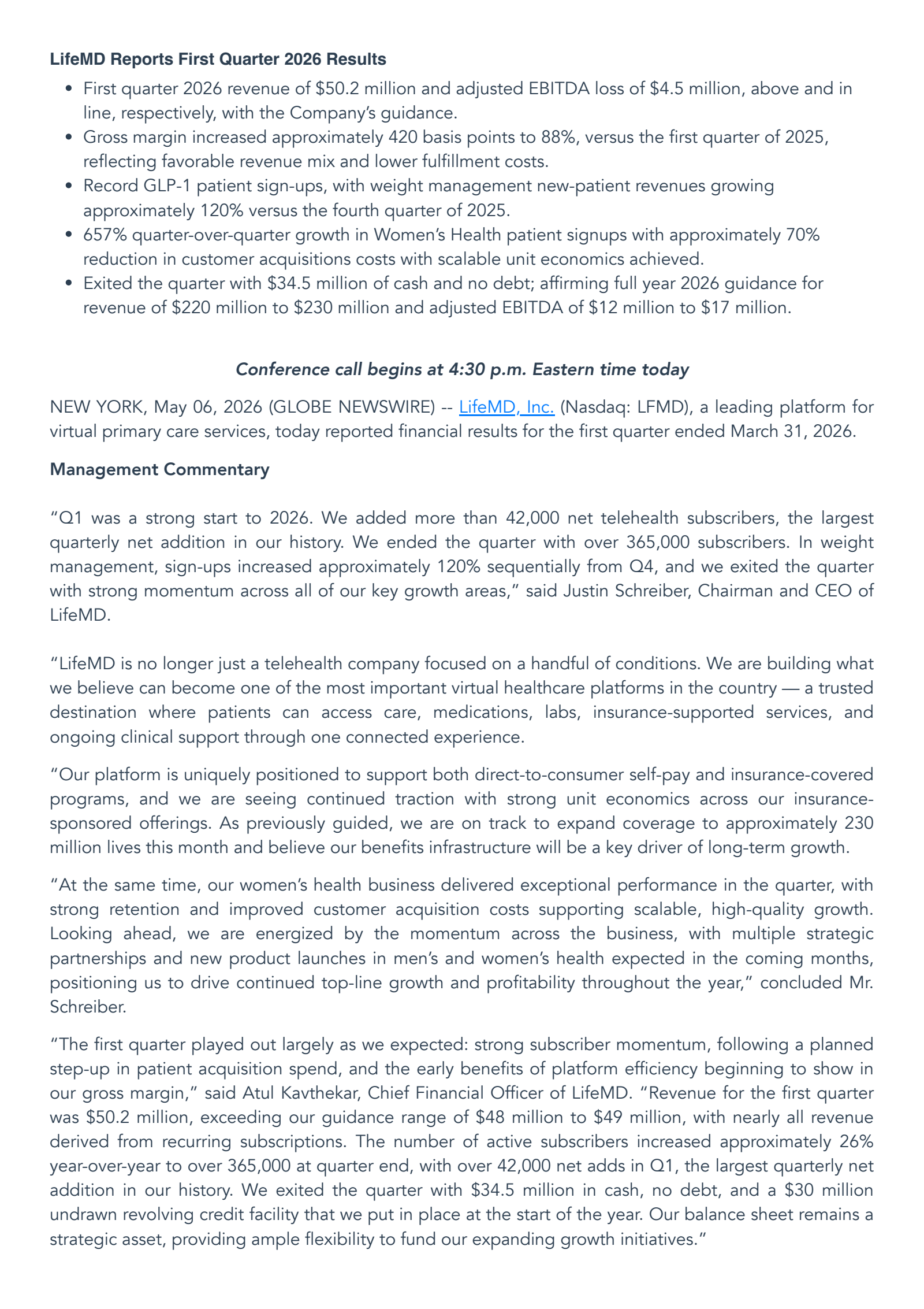 LifeMD's Q1 2026 Press Release