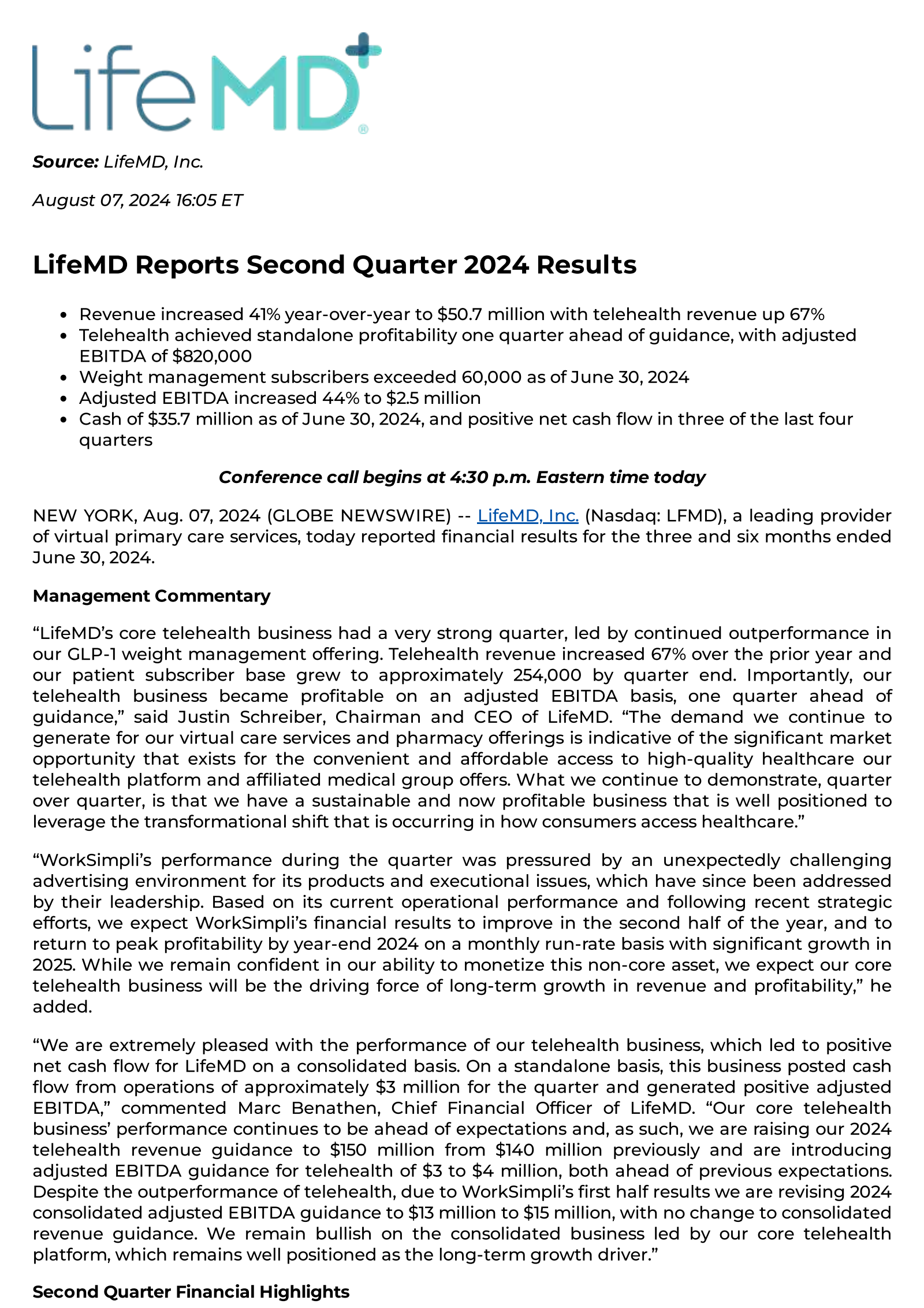 LifeMD's Q2 2024 Press Release