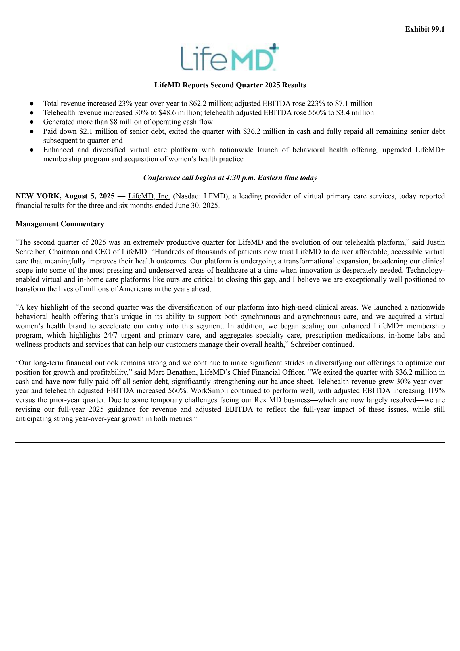 LifeMD's Q2 2025 Press Release