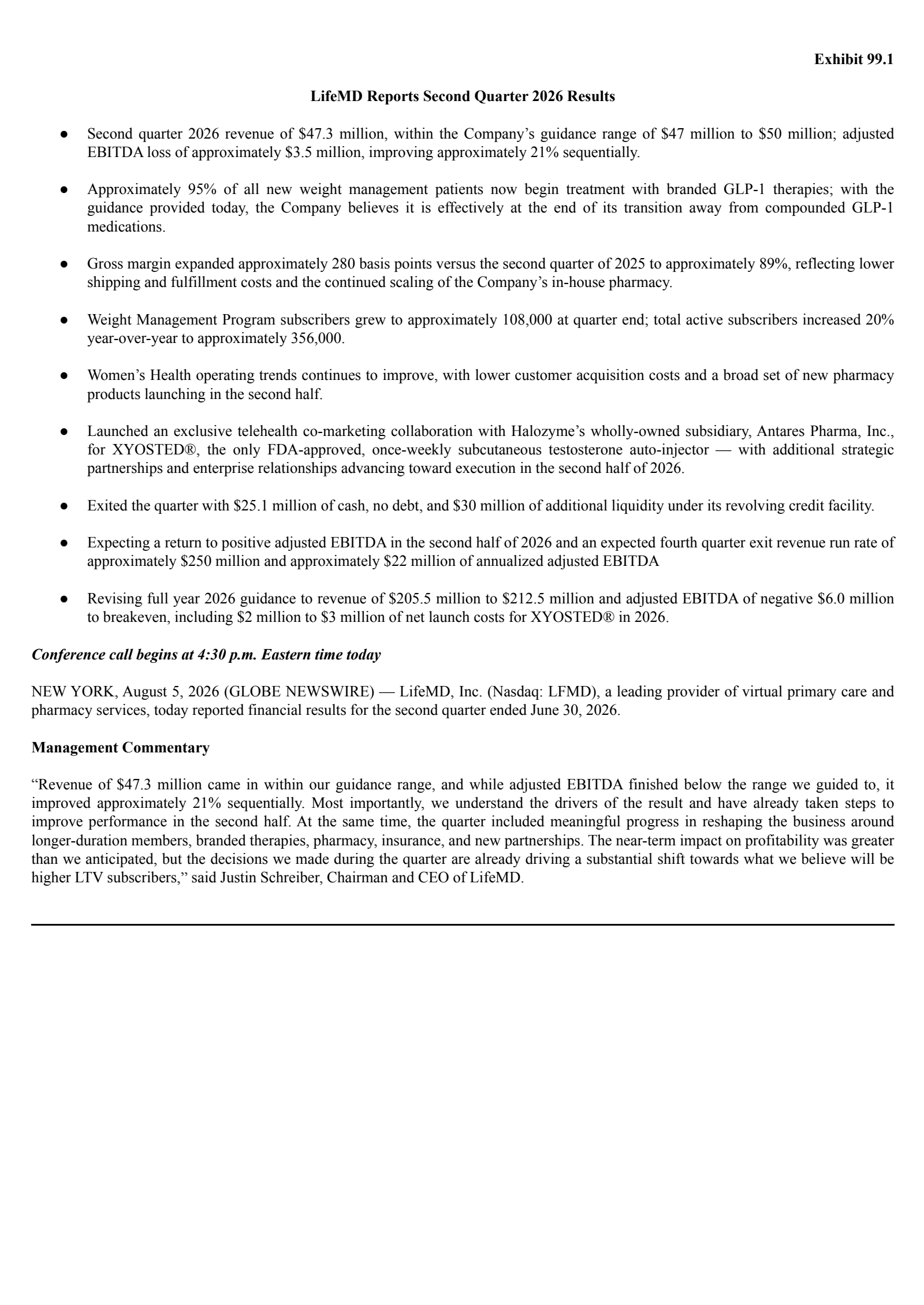 LifeMD's Q2 2026 Press Release