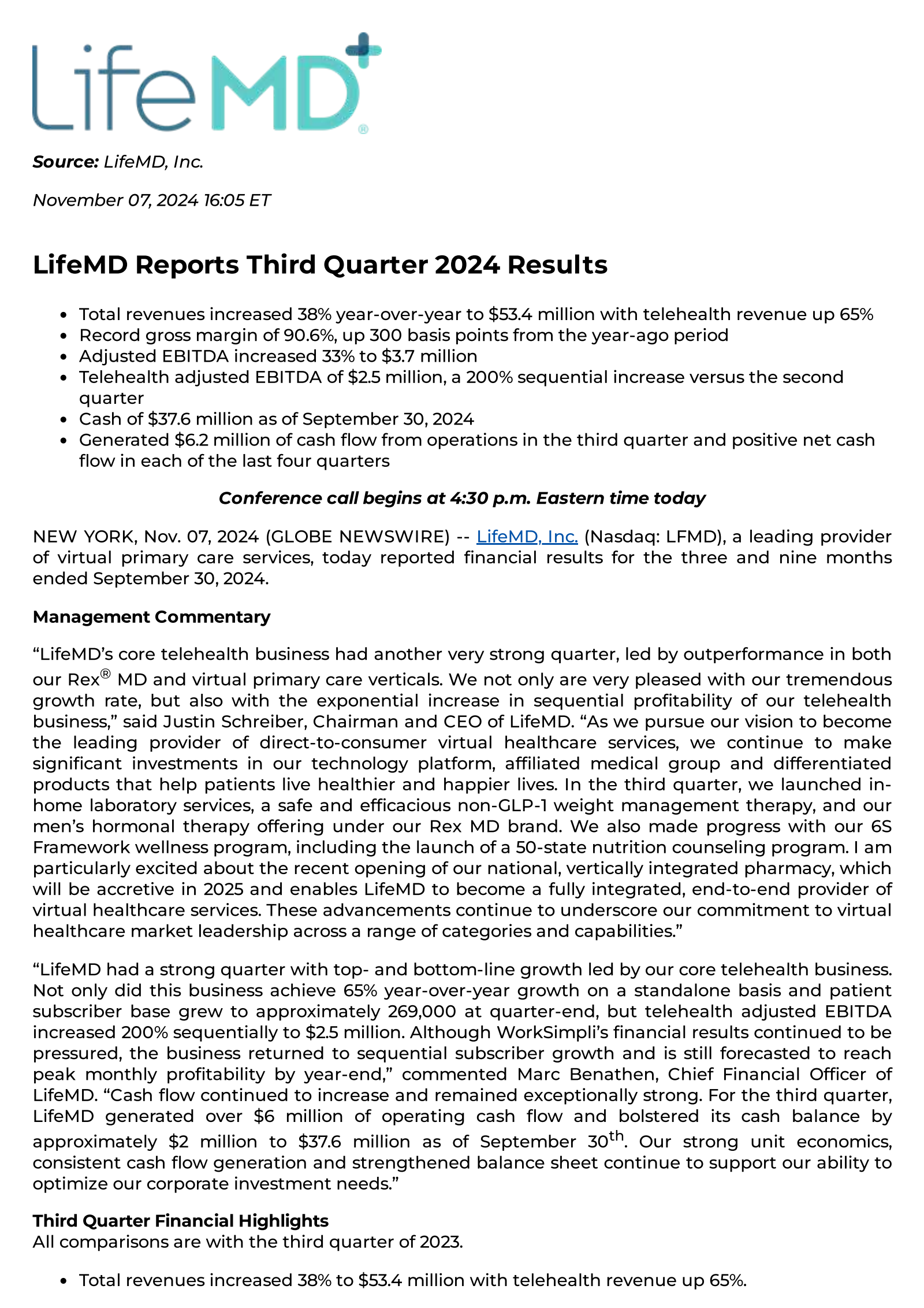 LifeMD's Q3 2024 Press Release