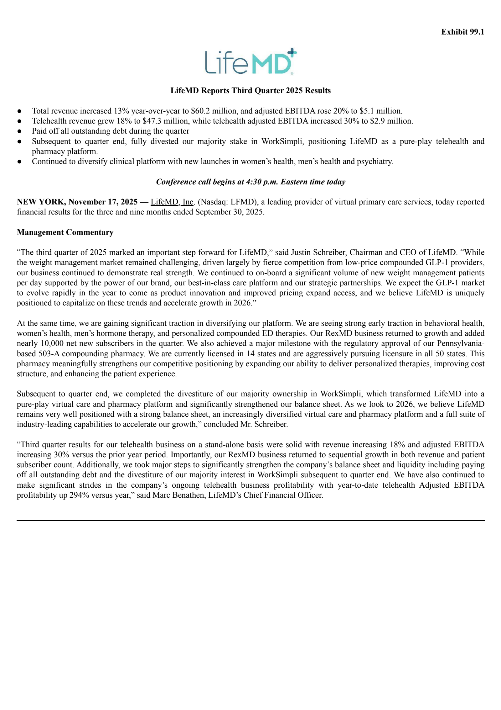 LifeMD's Q3 2025 Earnings Release