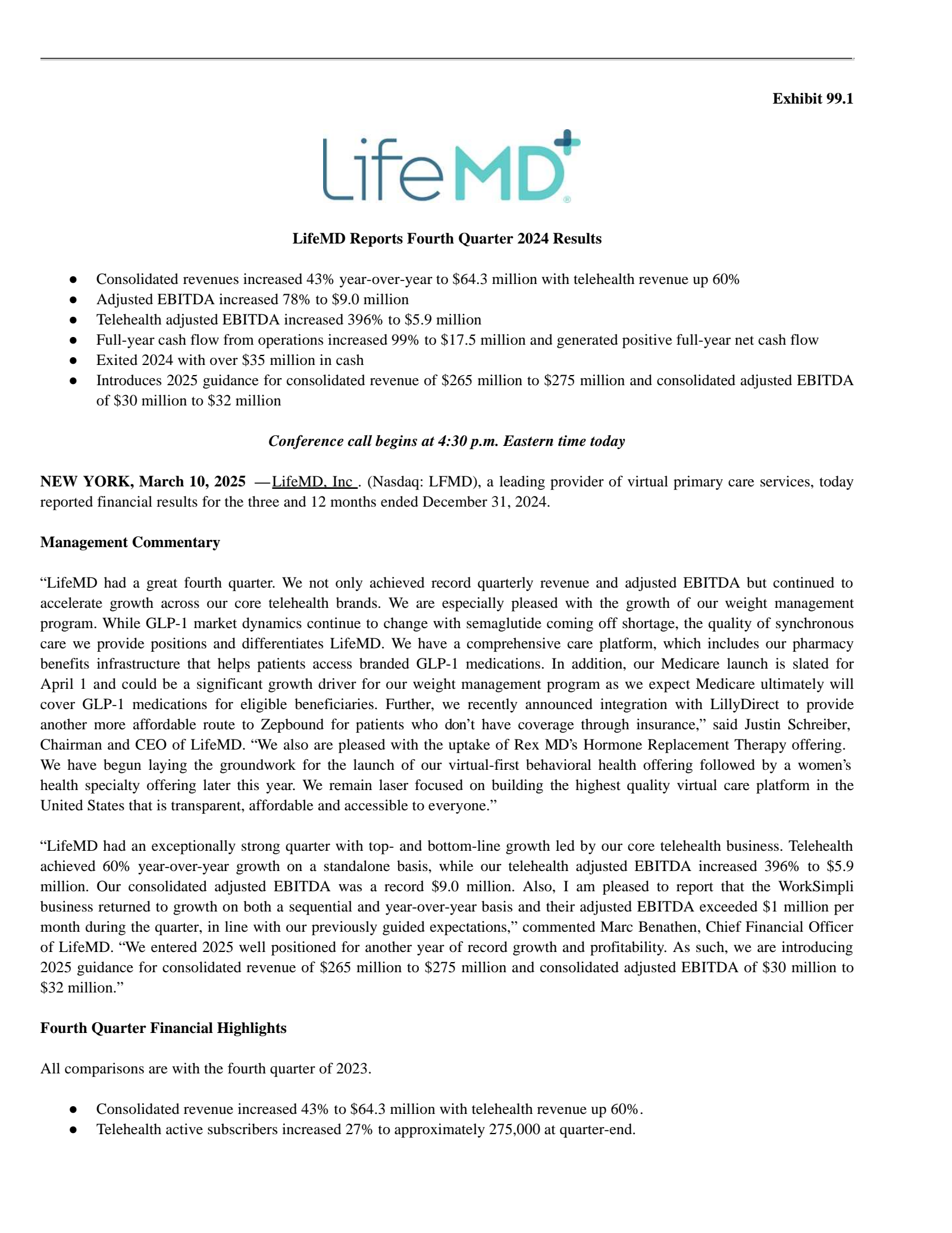 LifeMD's Q4 2024 Press Release