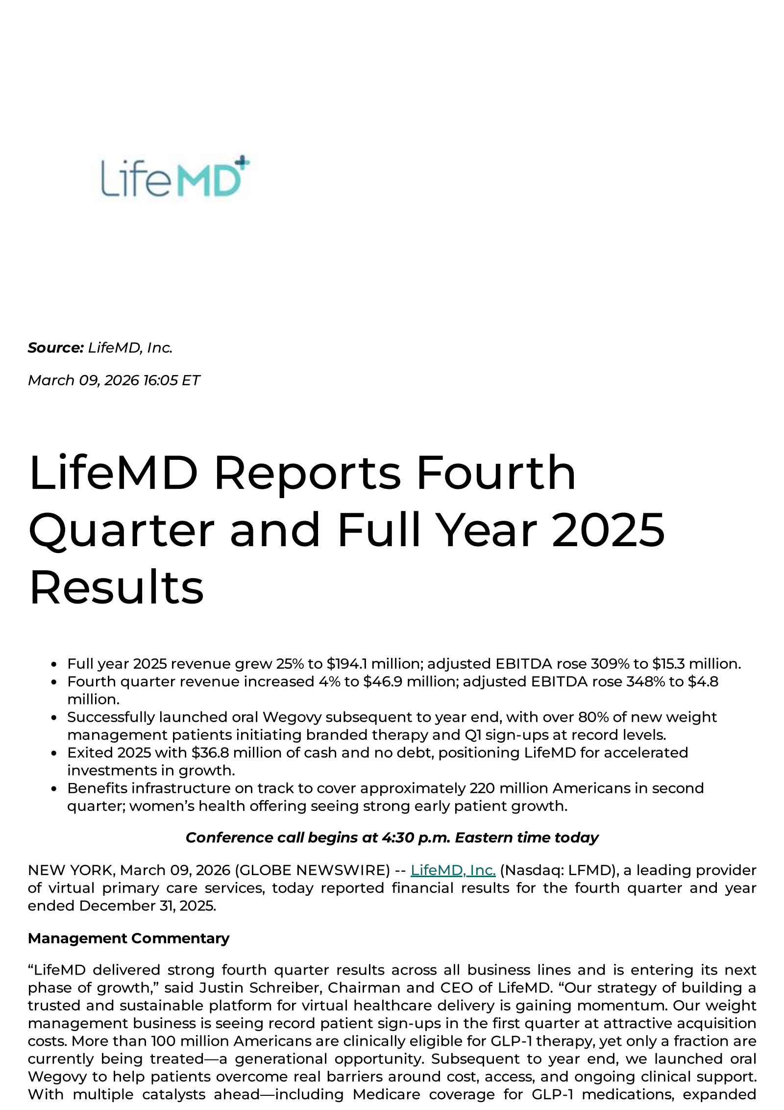LifeMD's Q4 2025 Press Release