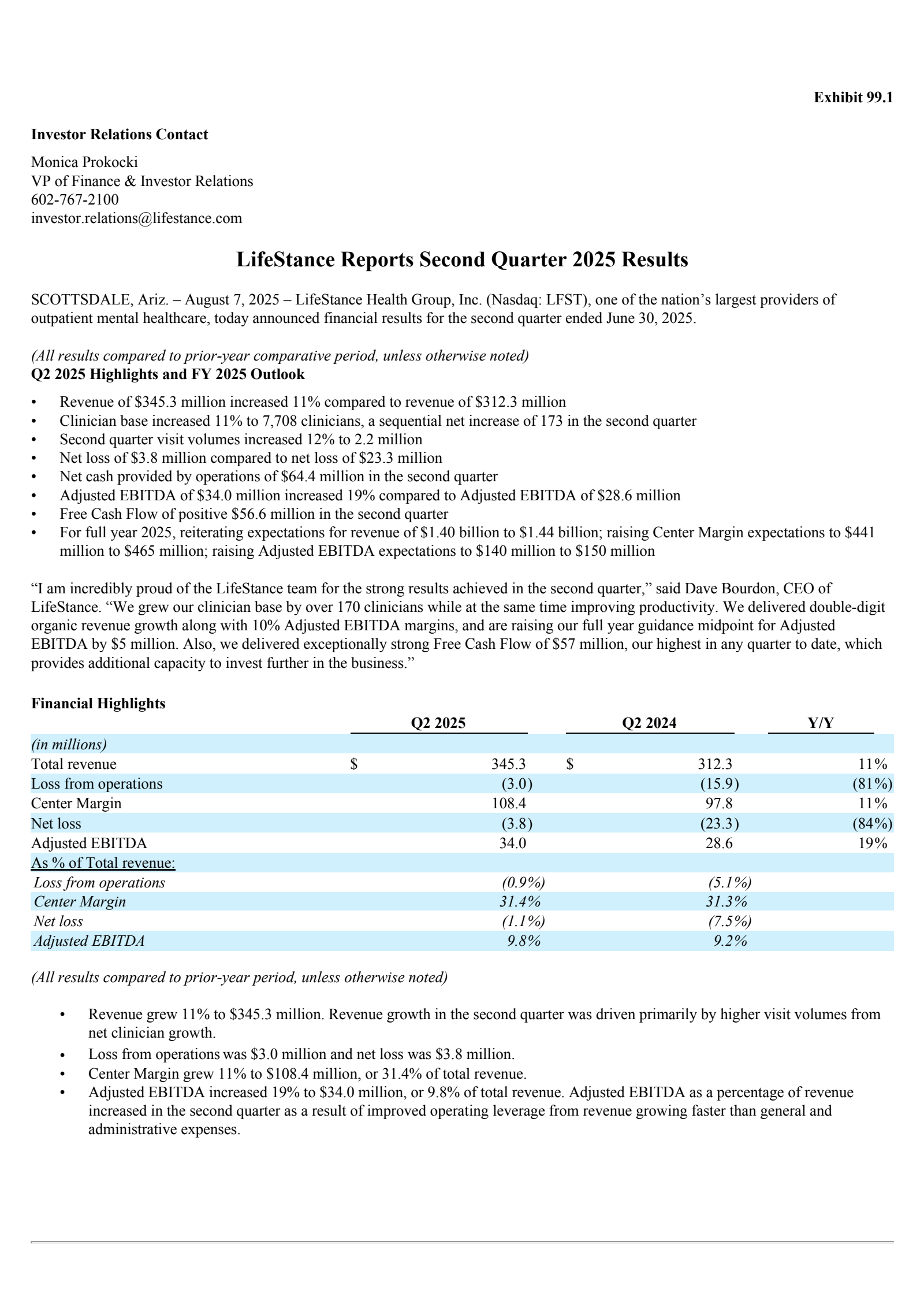 LifeStance Health Group's Q2 2025 Press Release