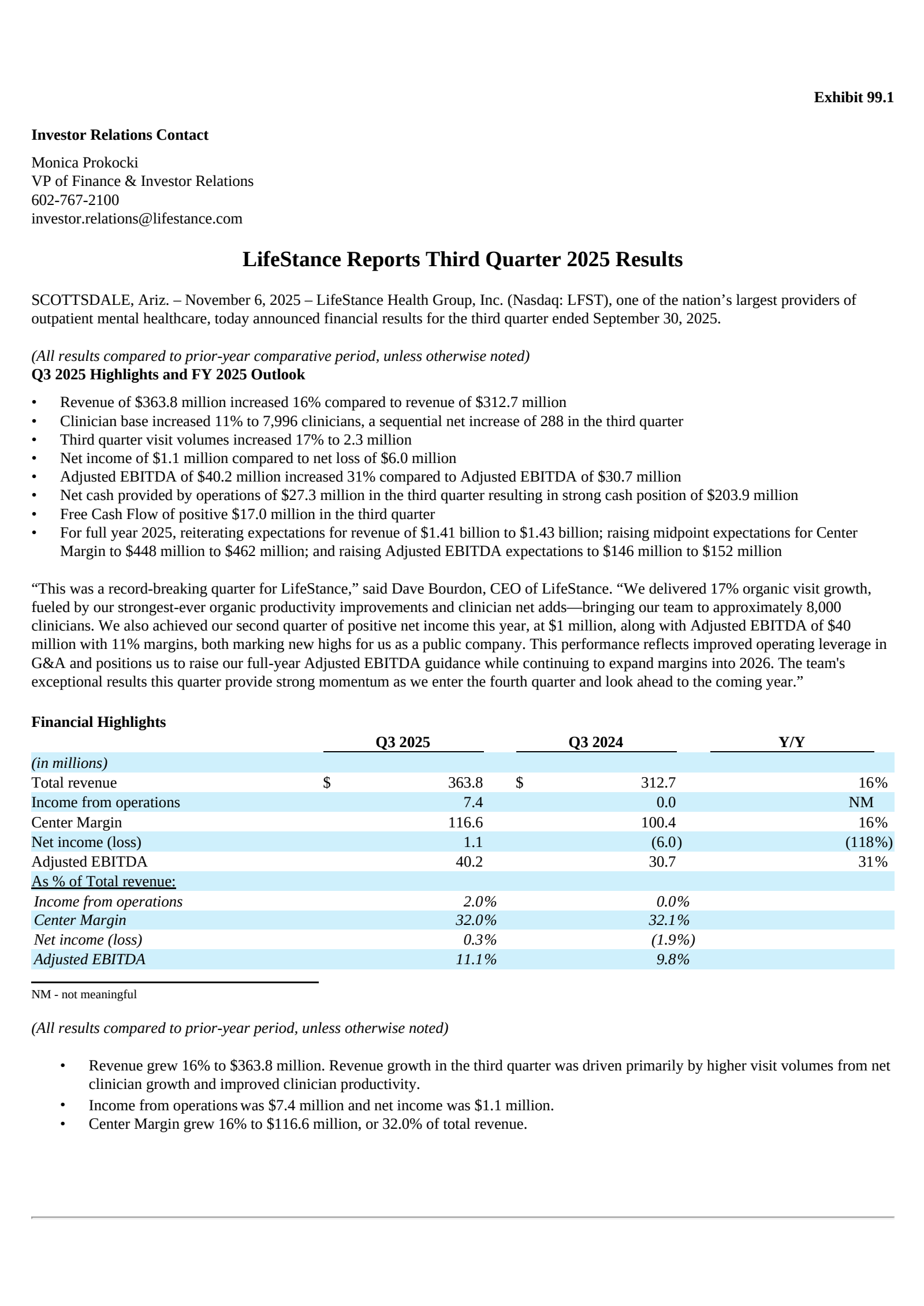 LifeStance Health Group's Q3 2025 Earnings Release