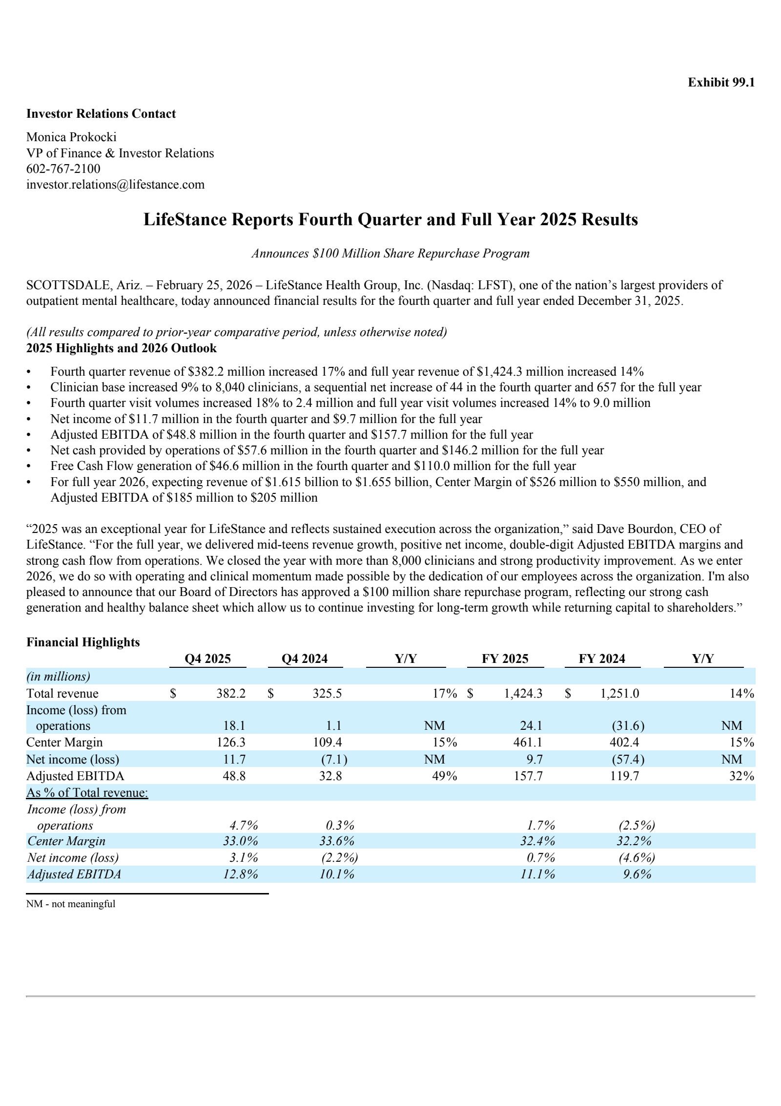 LifeStance Health Group's Q4 2025 Press Release