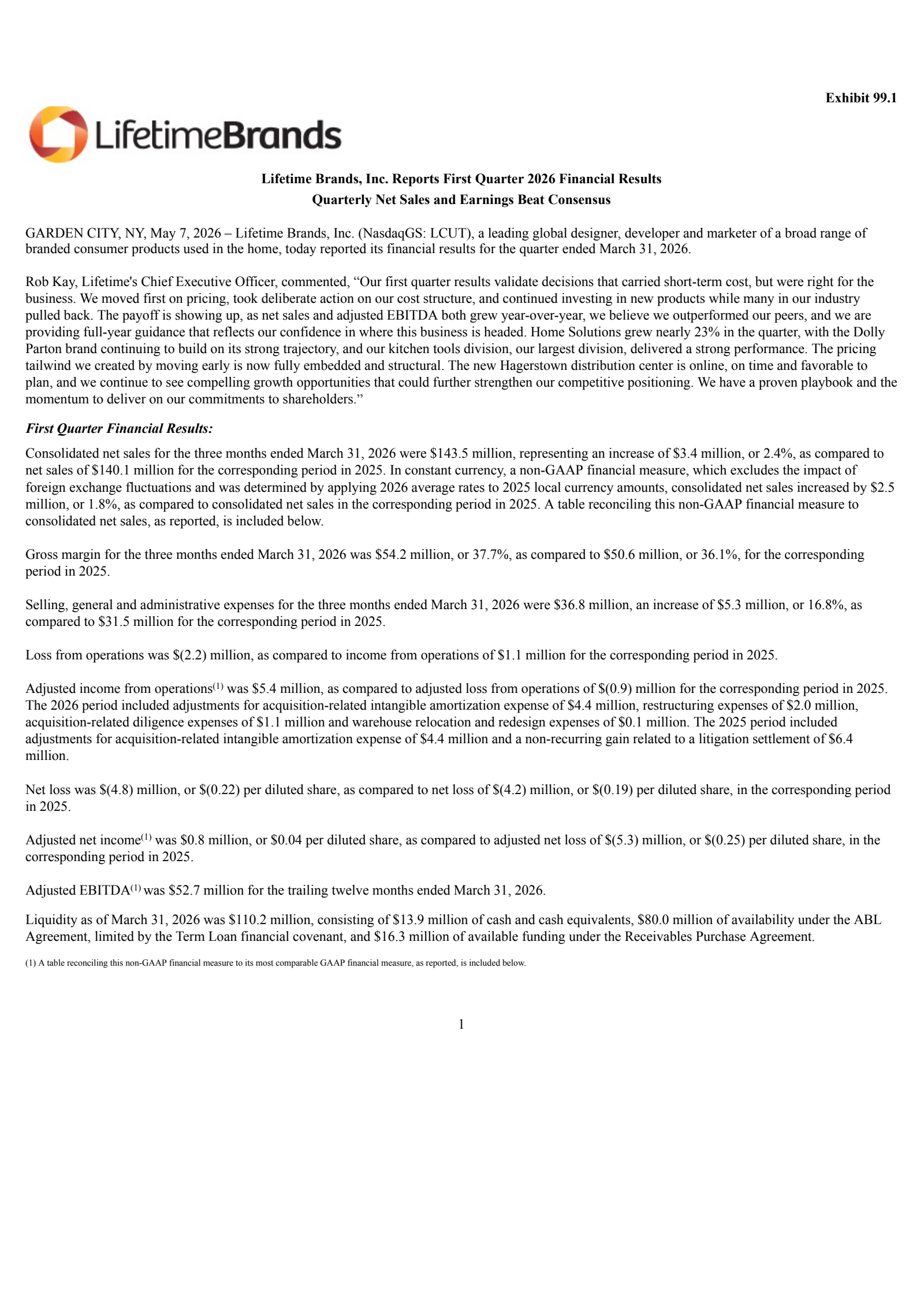 Lifetime Brands' Q1 2026 Press Release