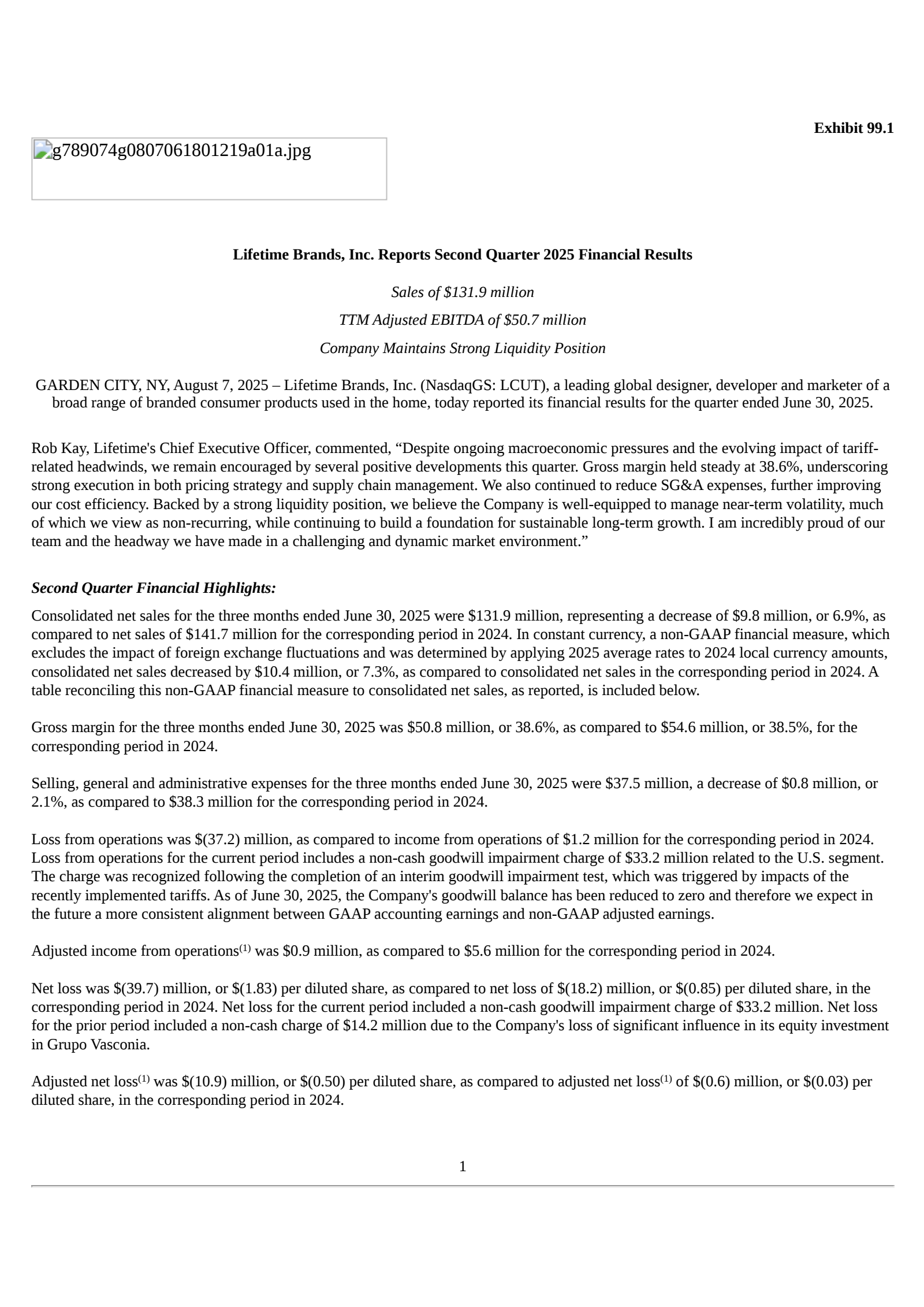 Lifetime Brands' Q2 2025 Press Release