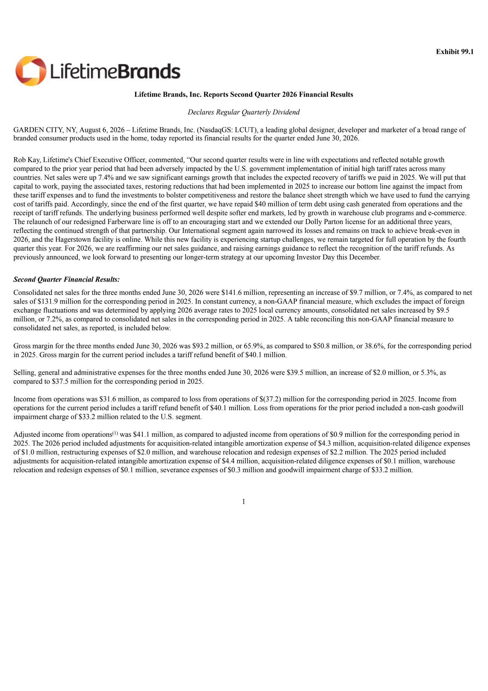 Lifetime Brands' Q2 2026 Press Release