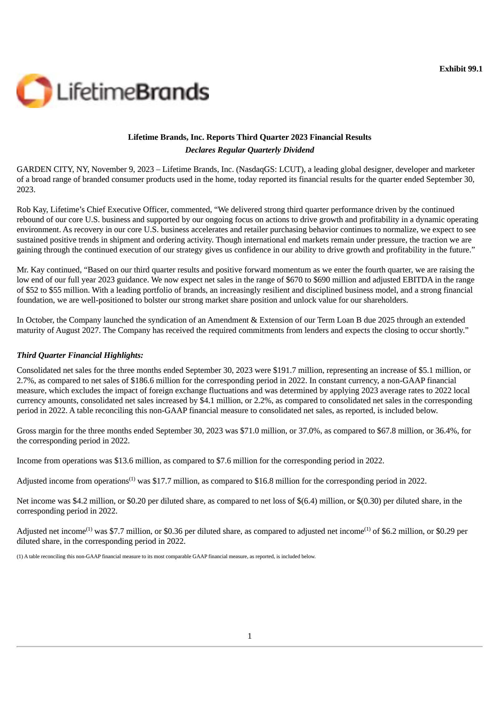 Lifetime Brands' Q3 2023 Press Release