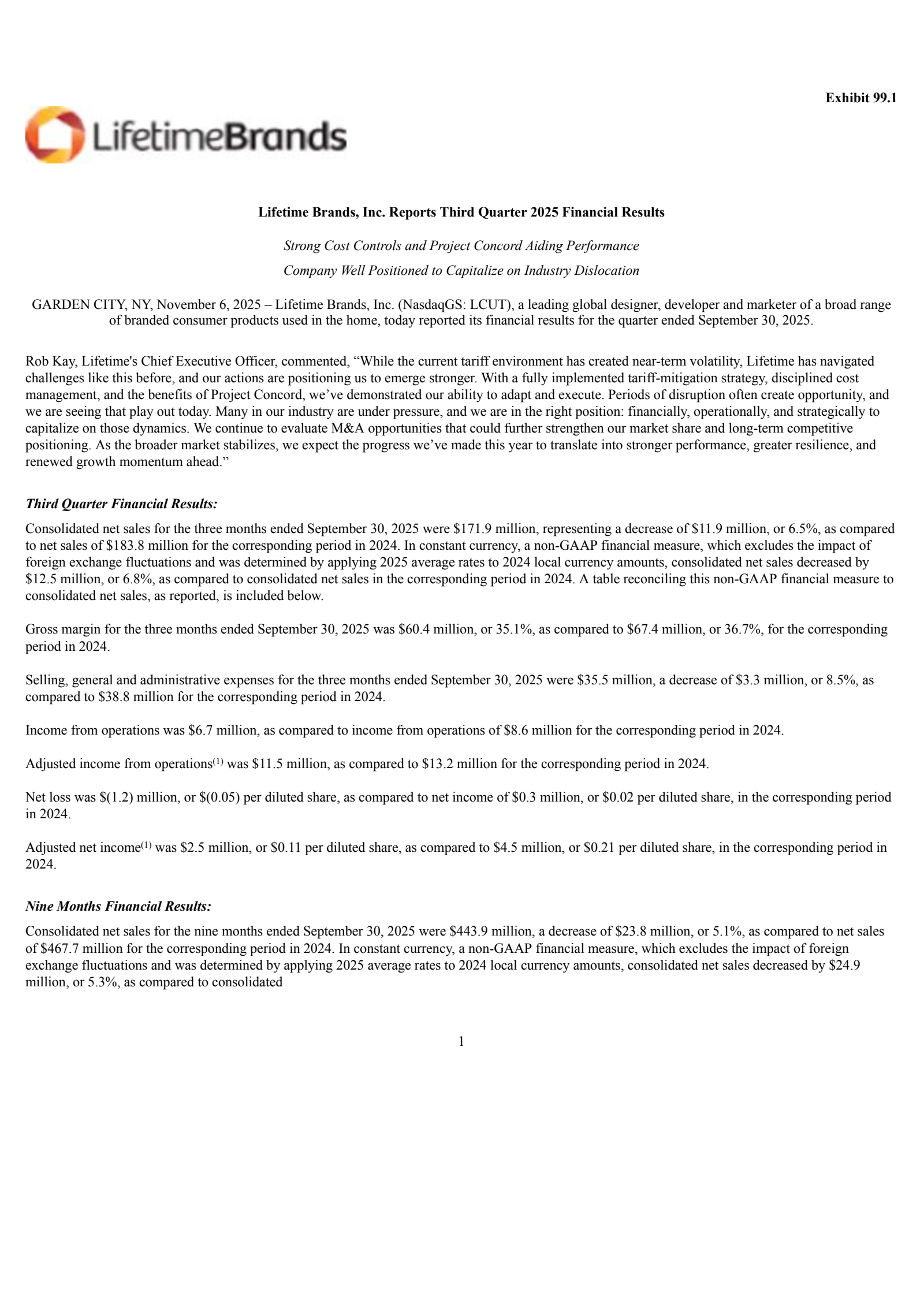 Lifetime Brands' Q3 2025 Earnings Release
