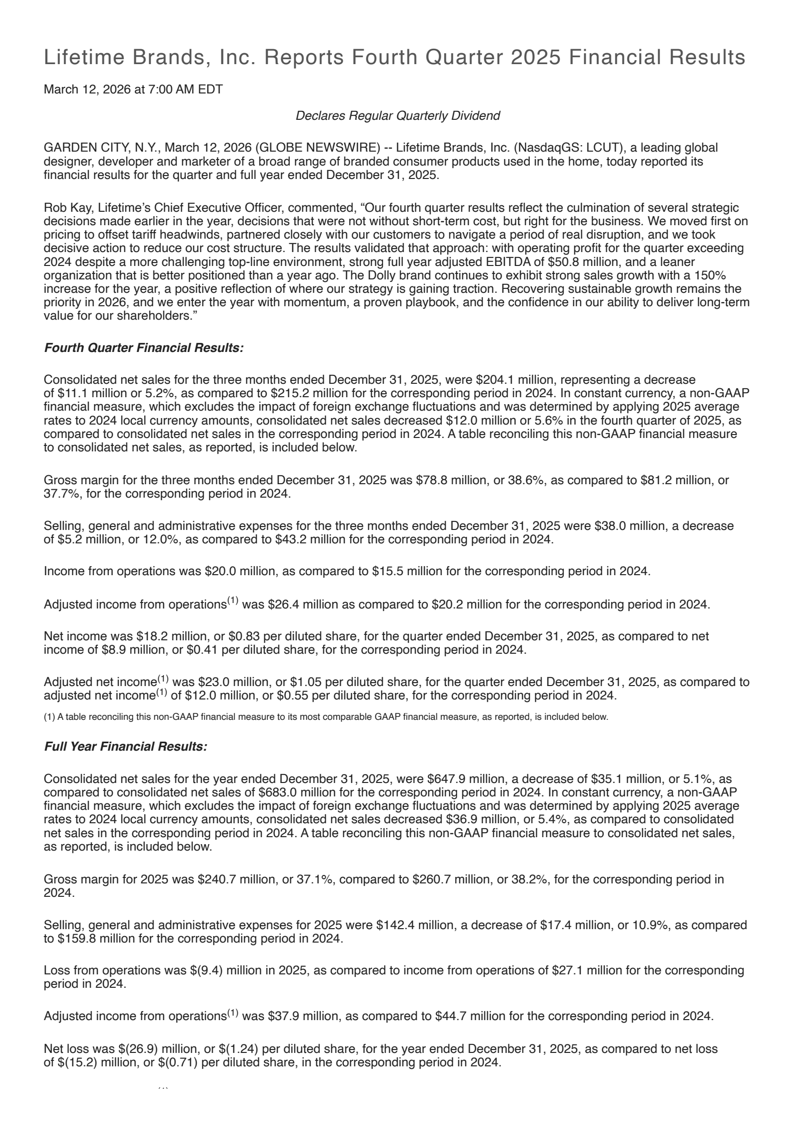 Lifetime Brands' Q4 2025 Press Release