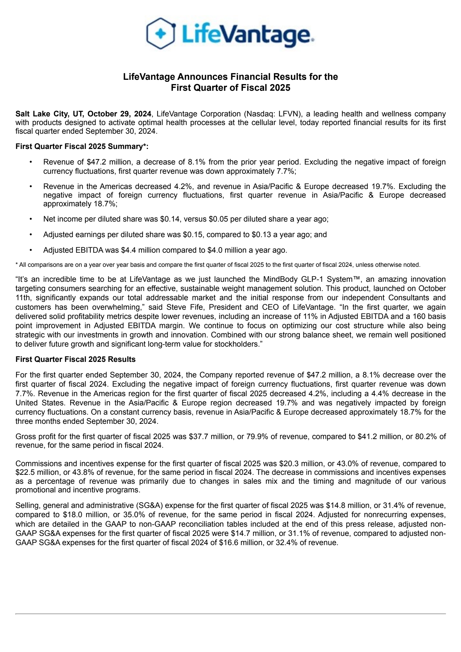 LifeVantage's Q1 2025 Press Release