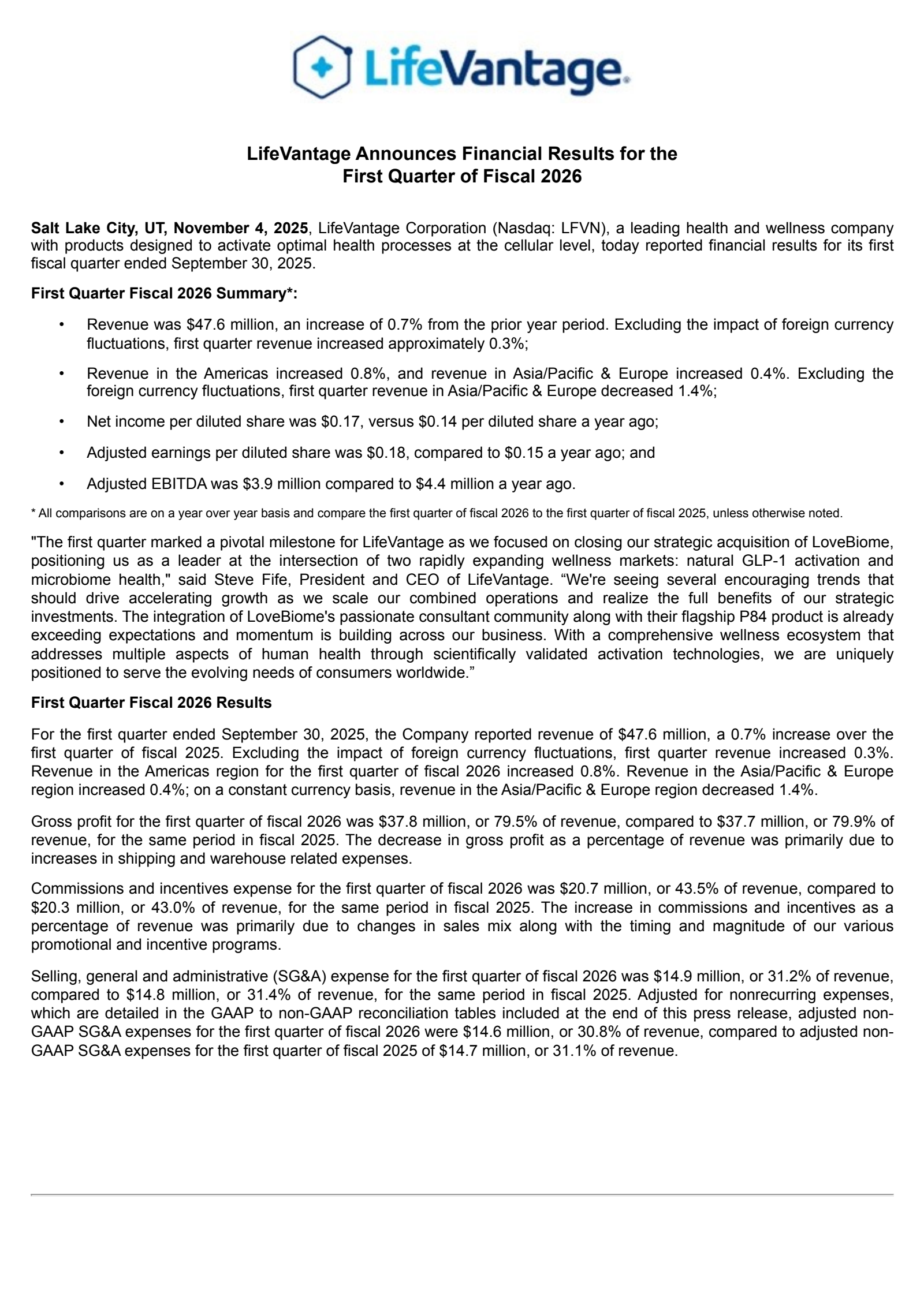 Lifevantage's Q1 2026 Earnings Release