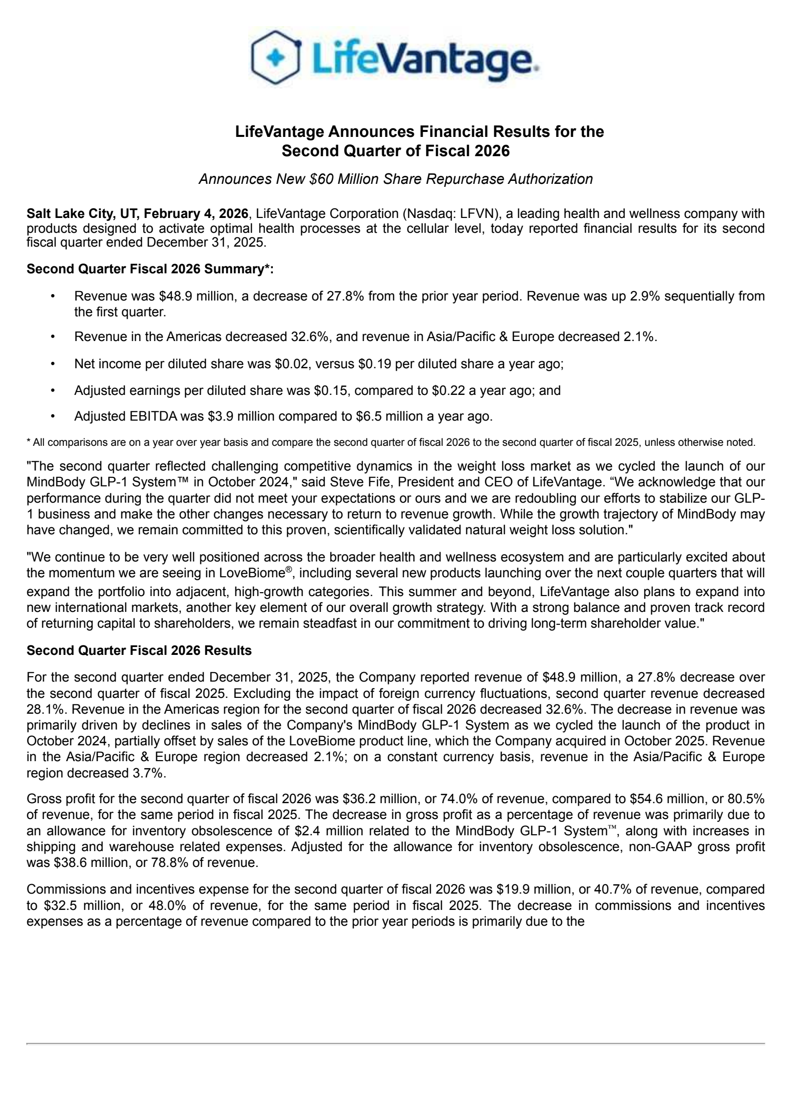 Lifevantage's Q2 2026 Press Release