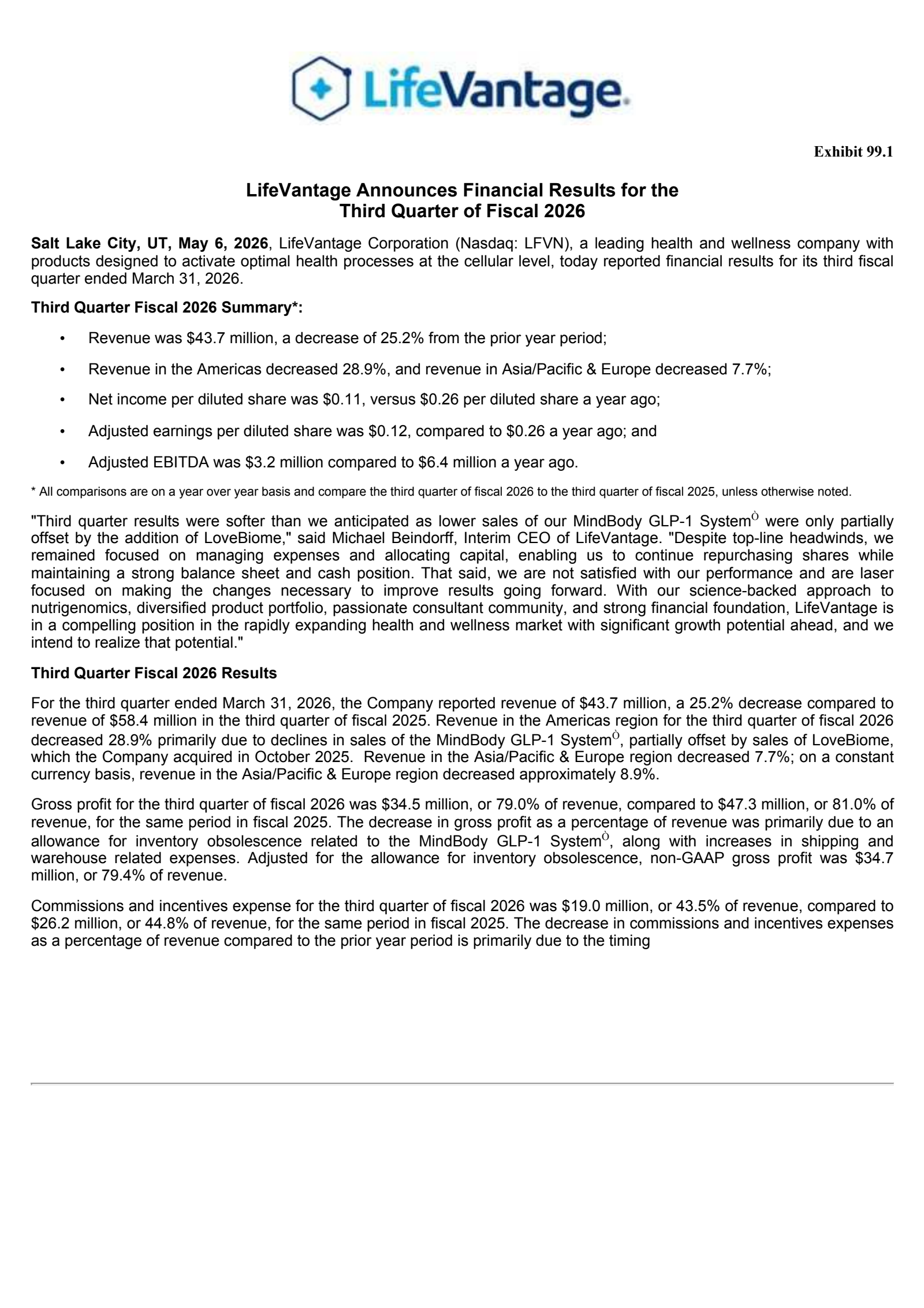 Lifevantage's Q3 2026 Press Release