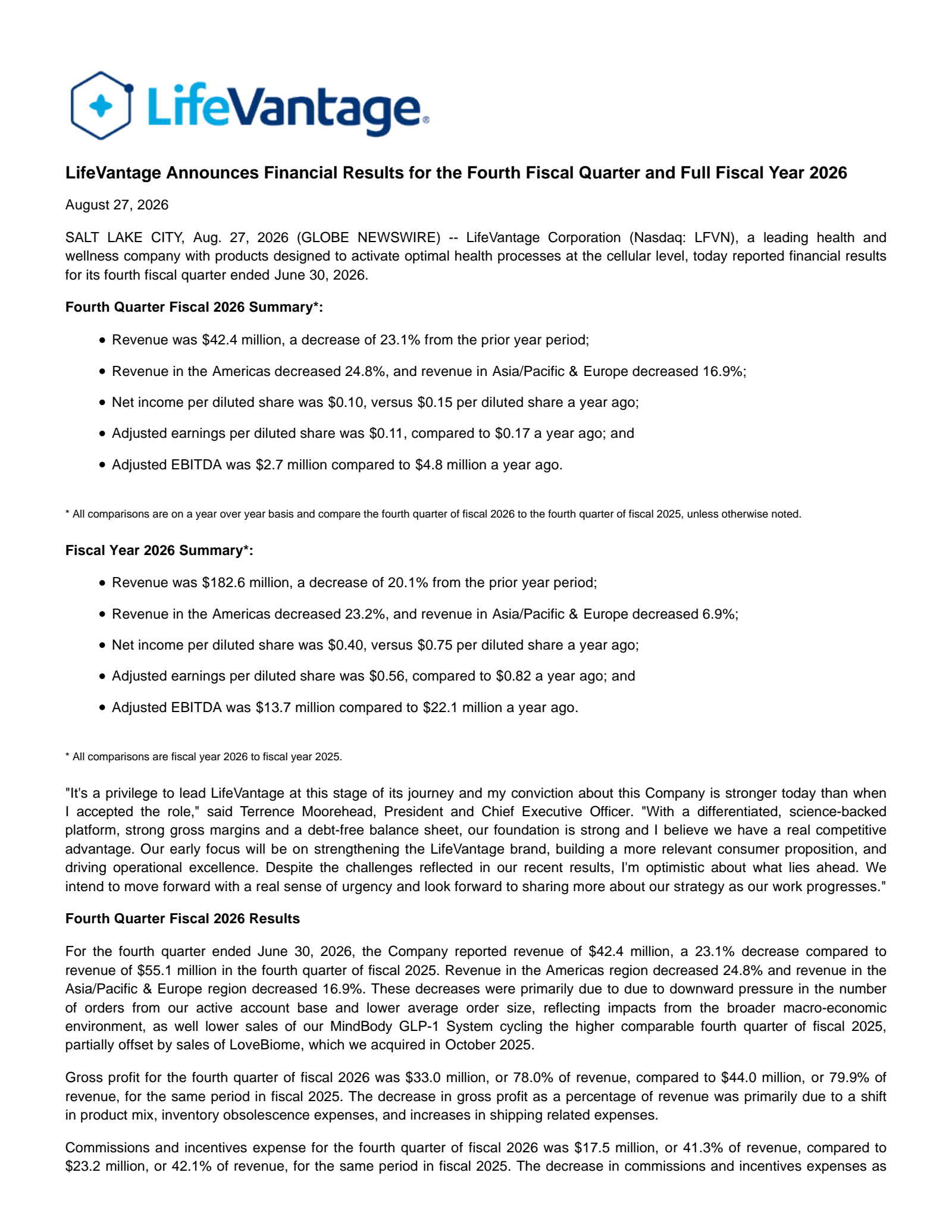 Lifevantage's Q4 2026 Press Release