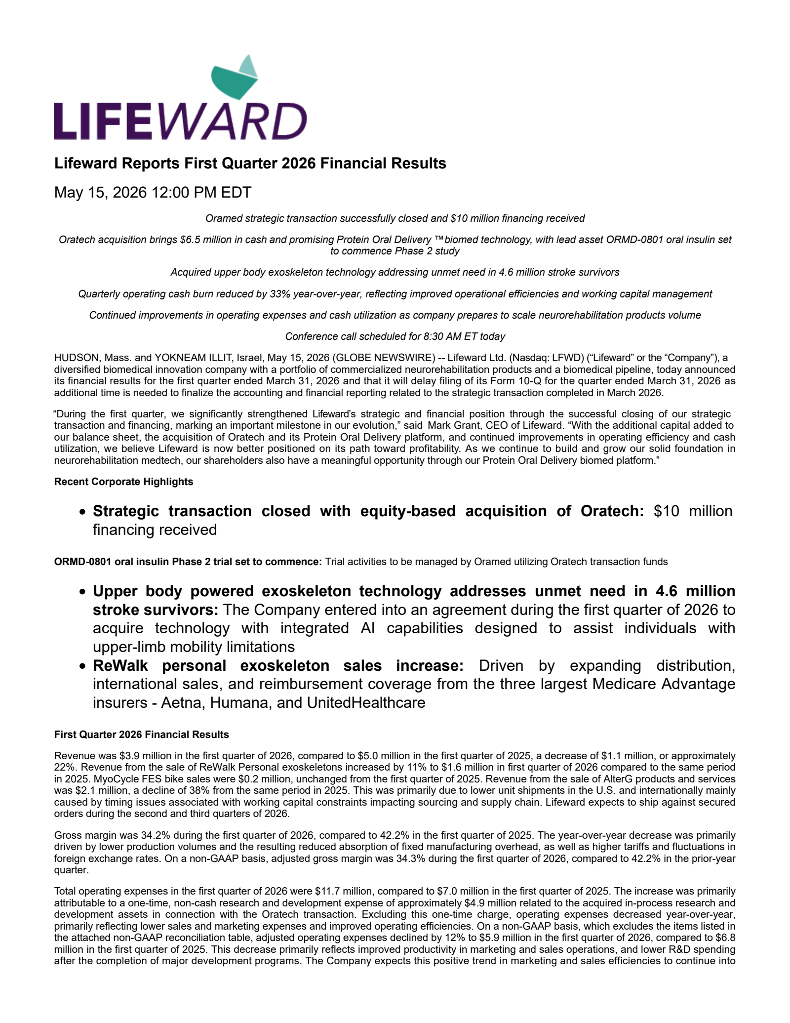 Lifeward's Q1 2026 Press Release