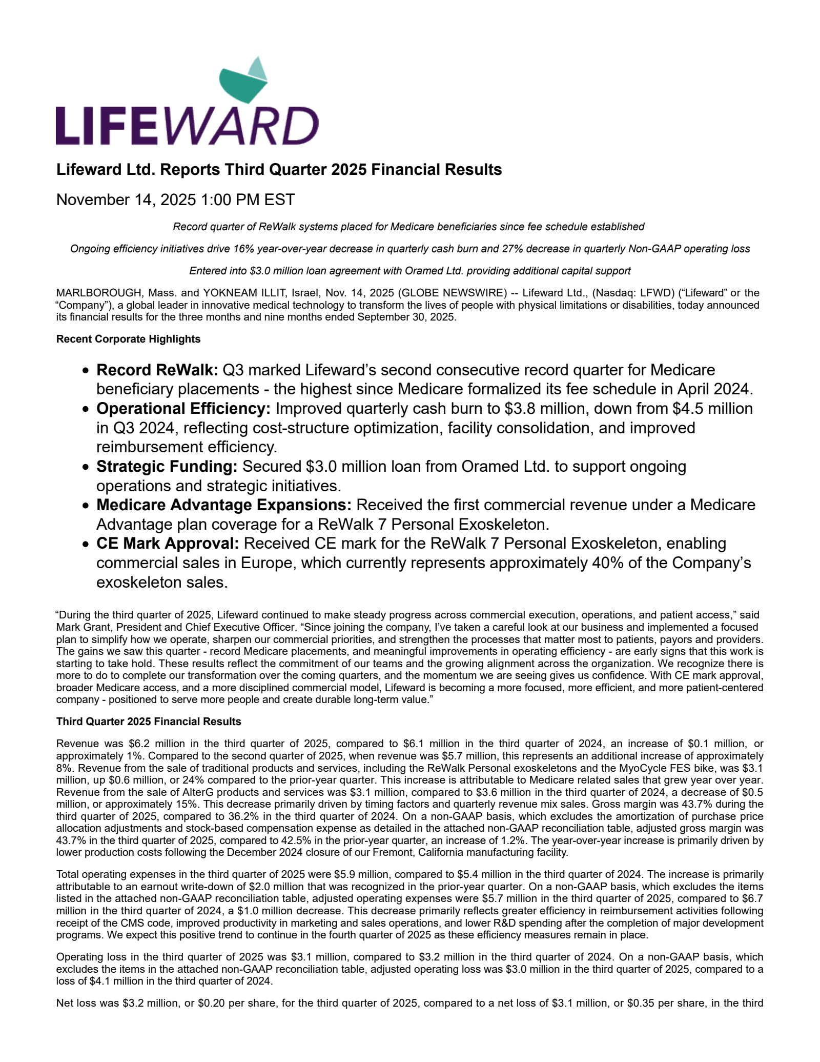 Lifeward's Q3 2025 Earnings Release
