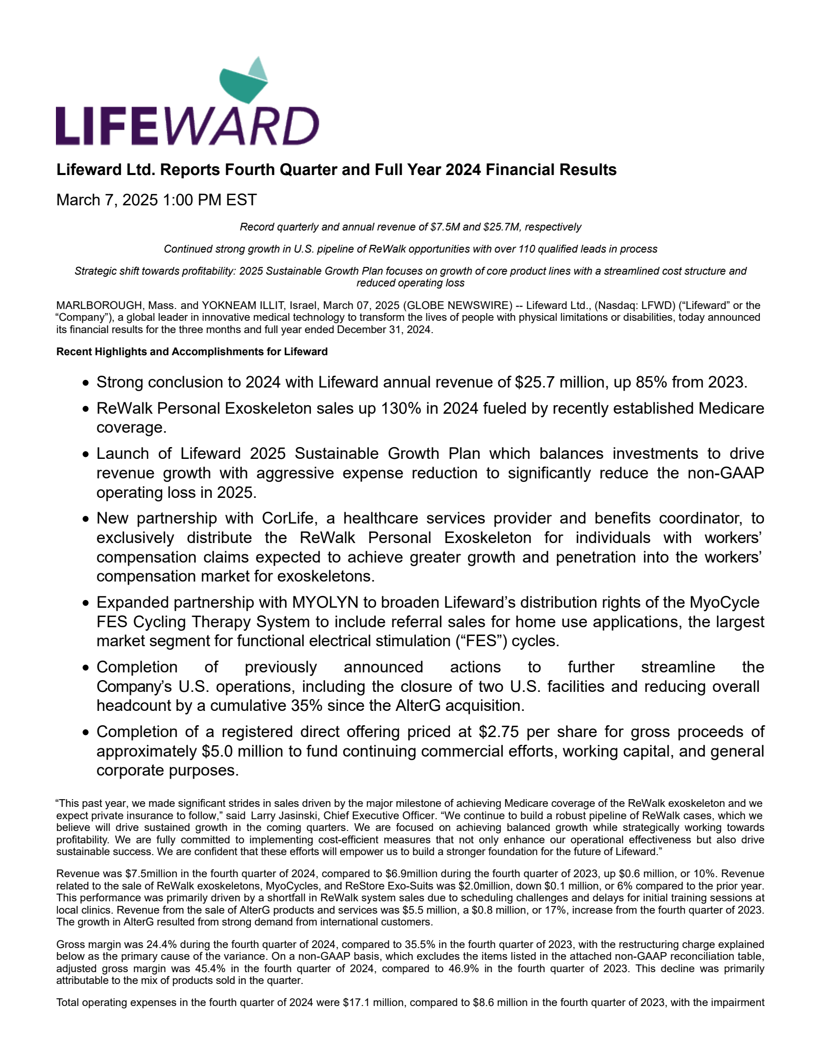 ReWalk Robotics' Q4 2024 Press Release