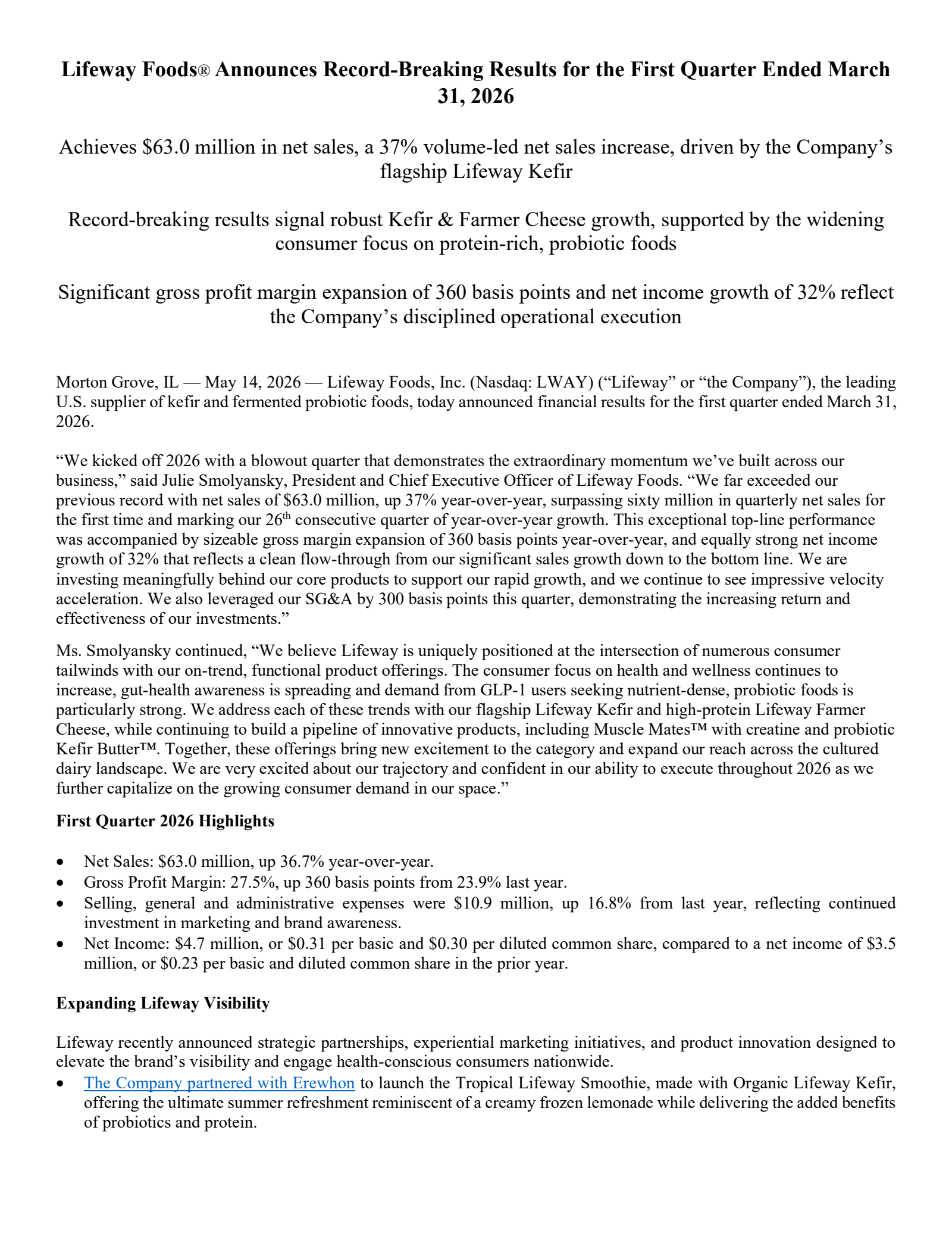 Lifeway Foods' Q1 2026 Press Release