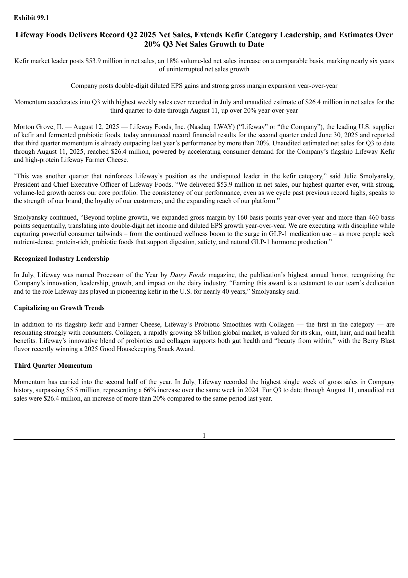 Lifeway Foods' Q2 2025 Press Release