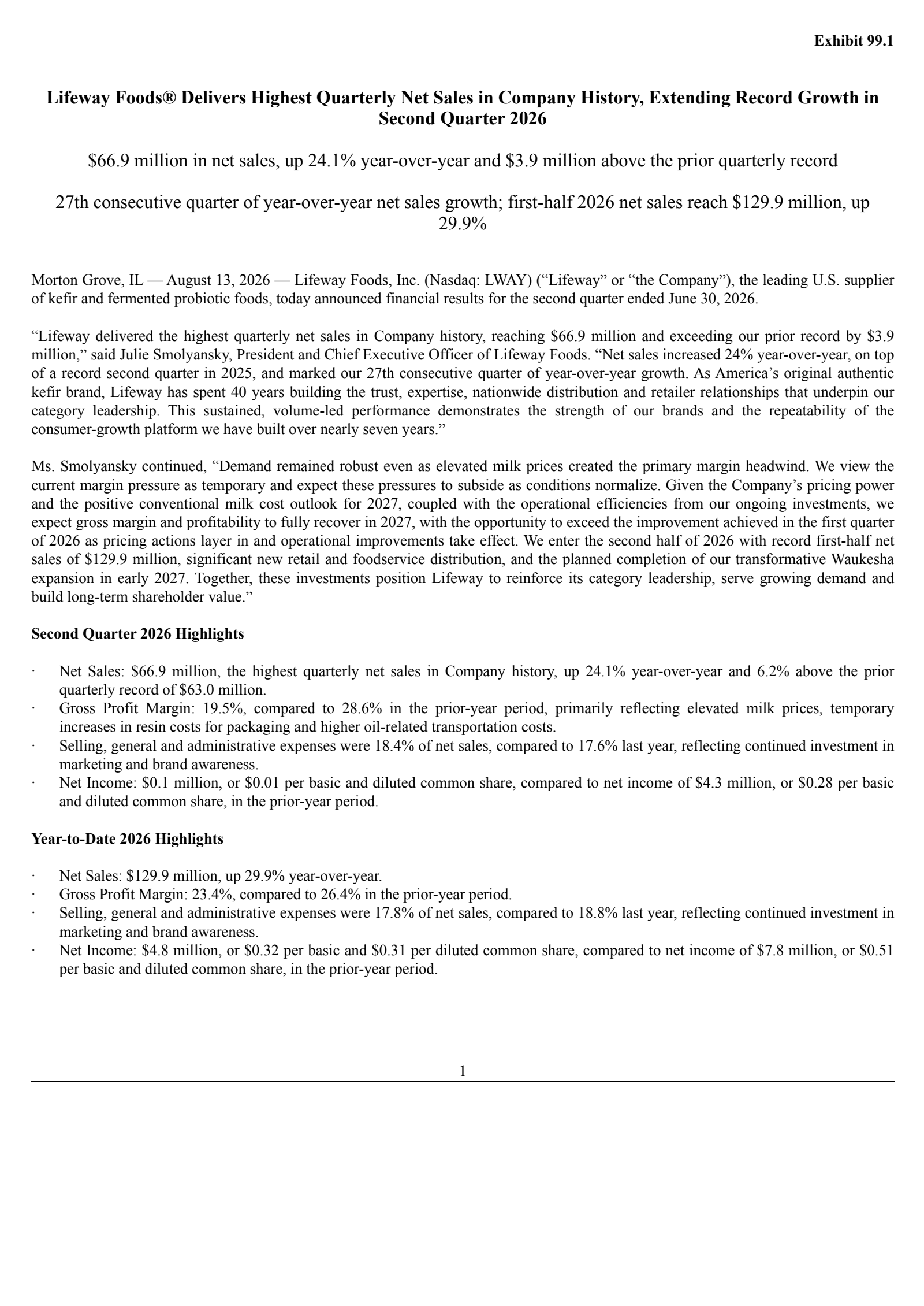 Lifeway Foods' Q2 2026 Press Release