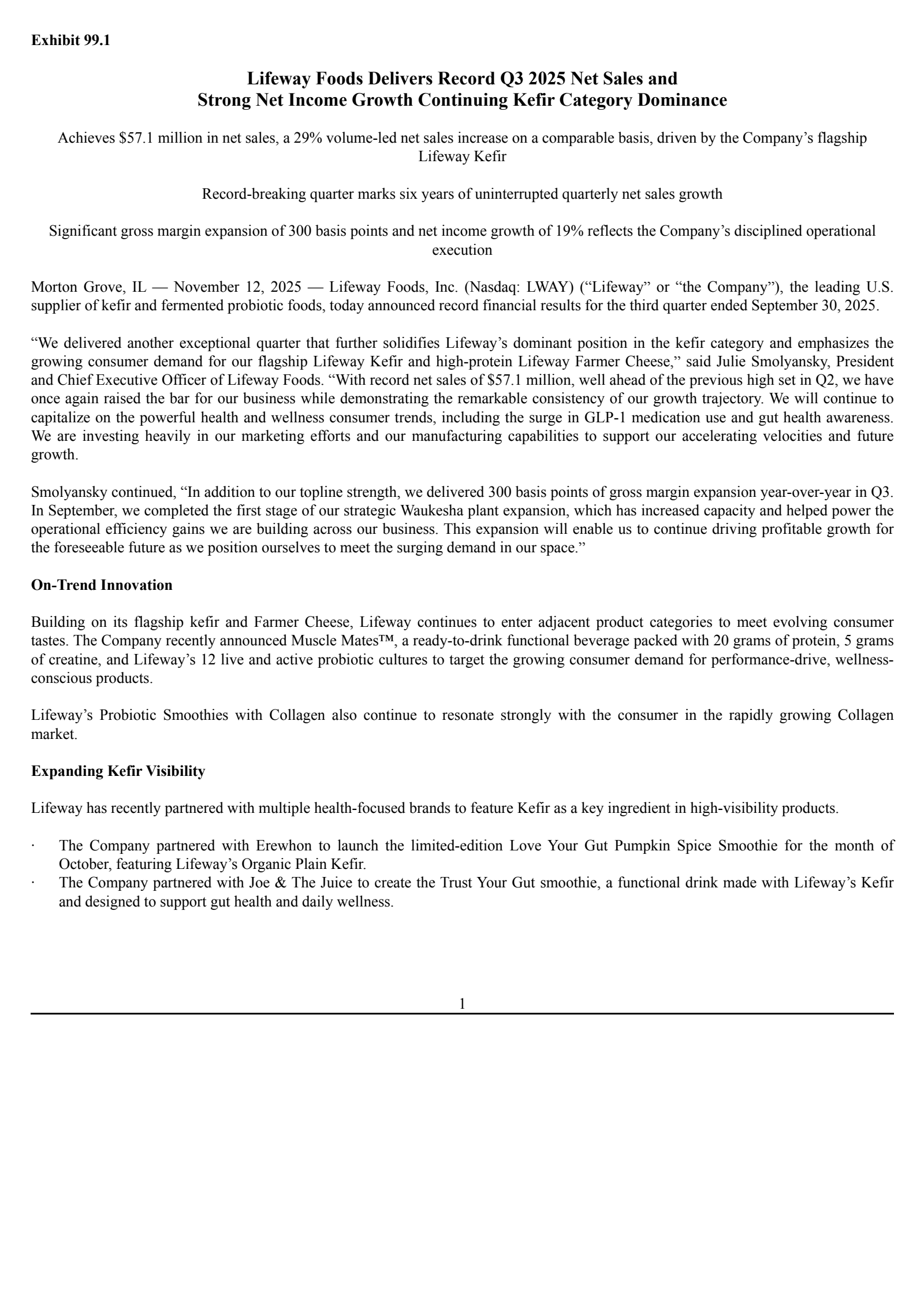 Lifeway Foods' Q3 2025 Earnings Release
