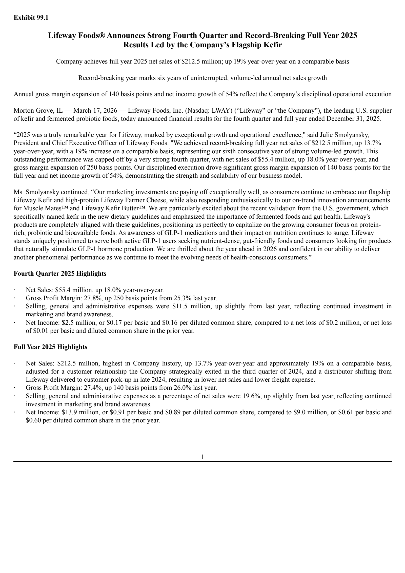 Lifeway Foods' Q4 2025 Press Release