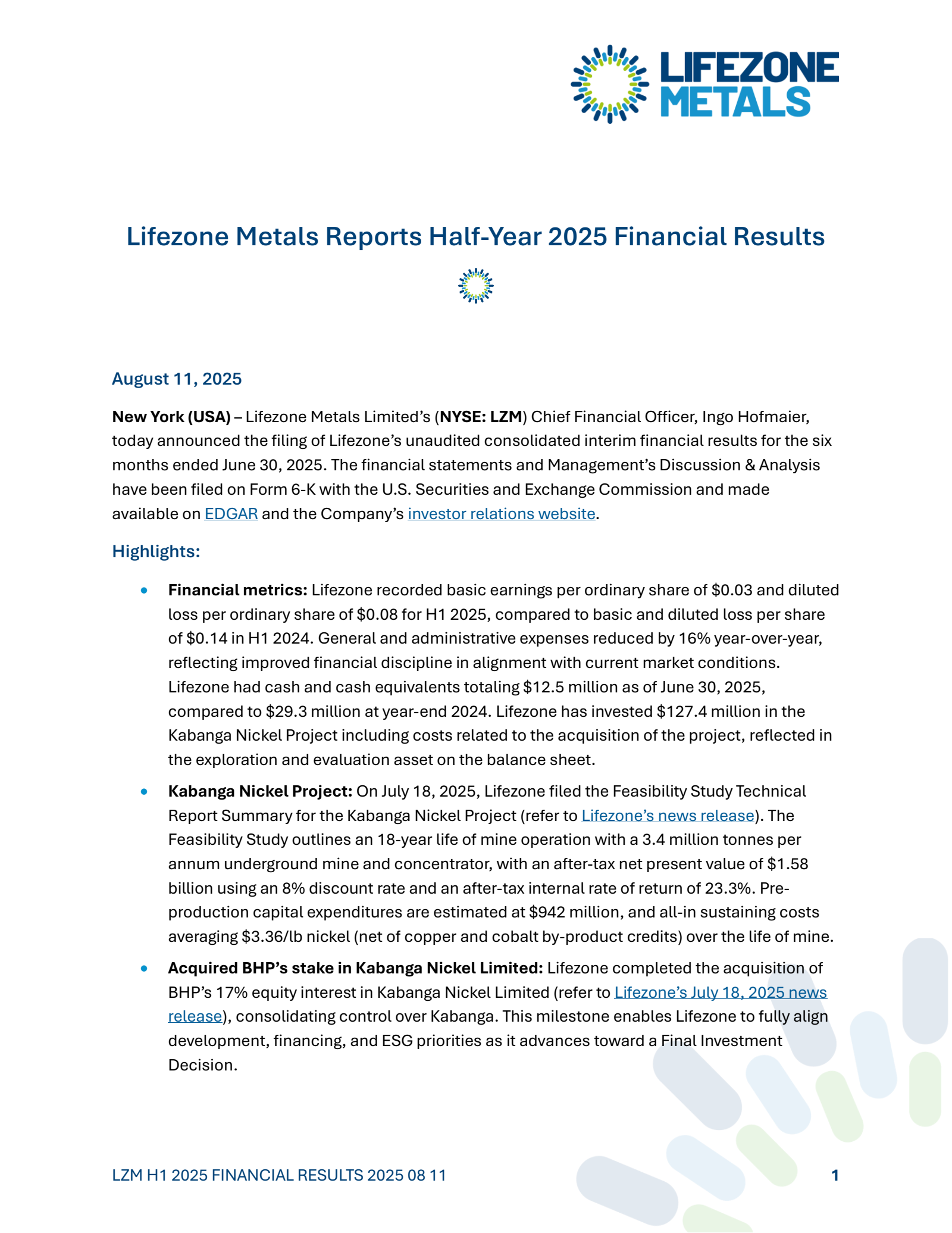 Lifezone Metals' H1 2025 Earnings Release