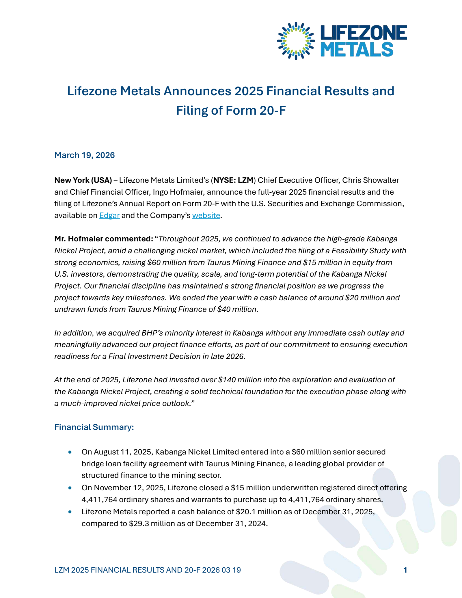 Lifezone Metals' H2 2025 Press Release