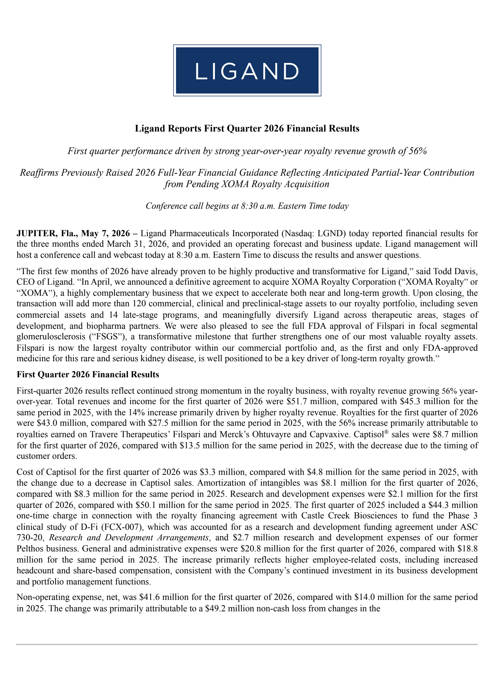 Ligand Pharmaceuticals' Q1 2026 Press Release