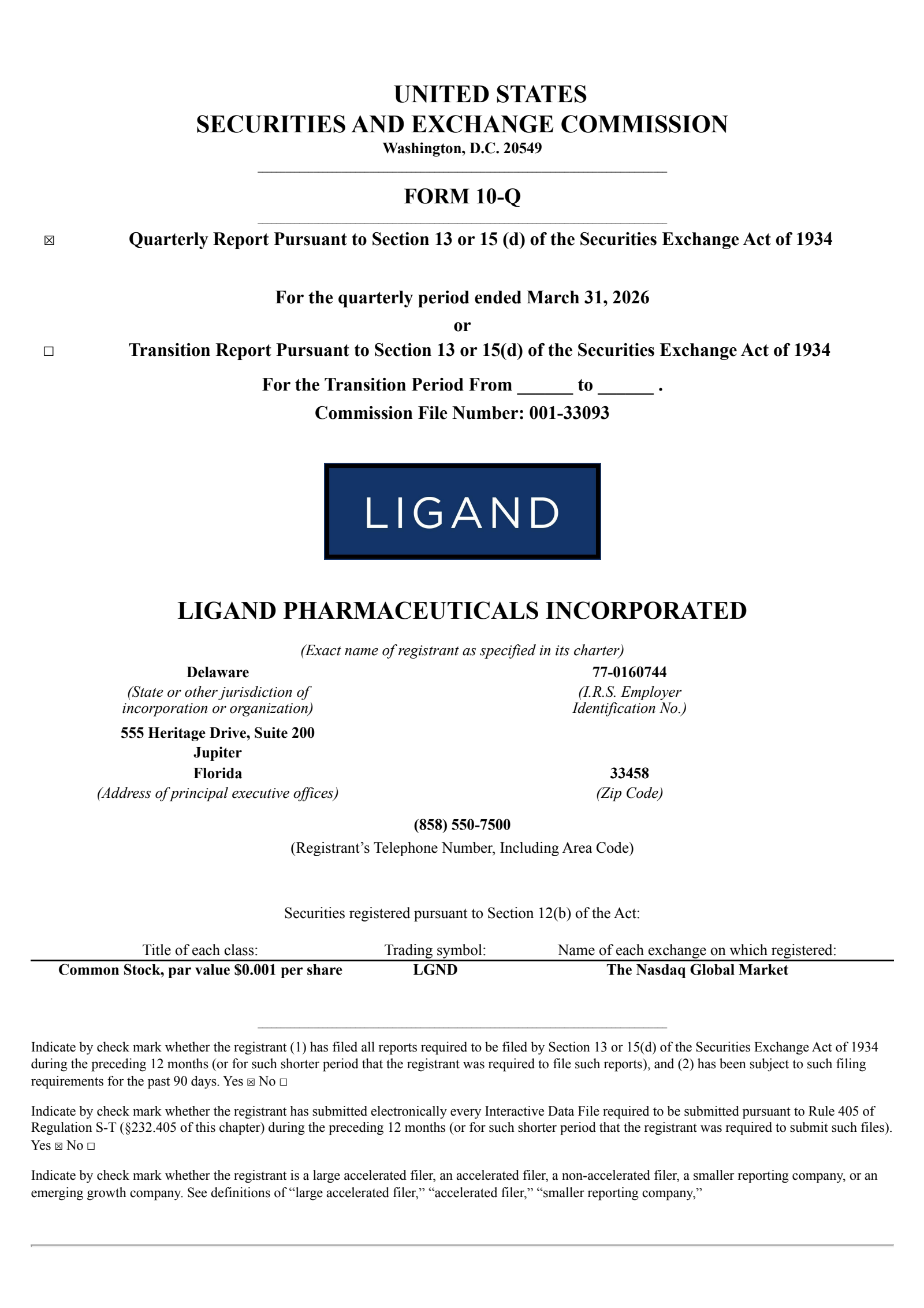 Ligand Pharmaceuticals' Q1 2026 Quarterly report
